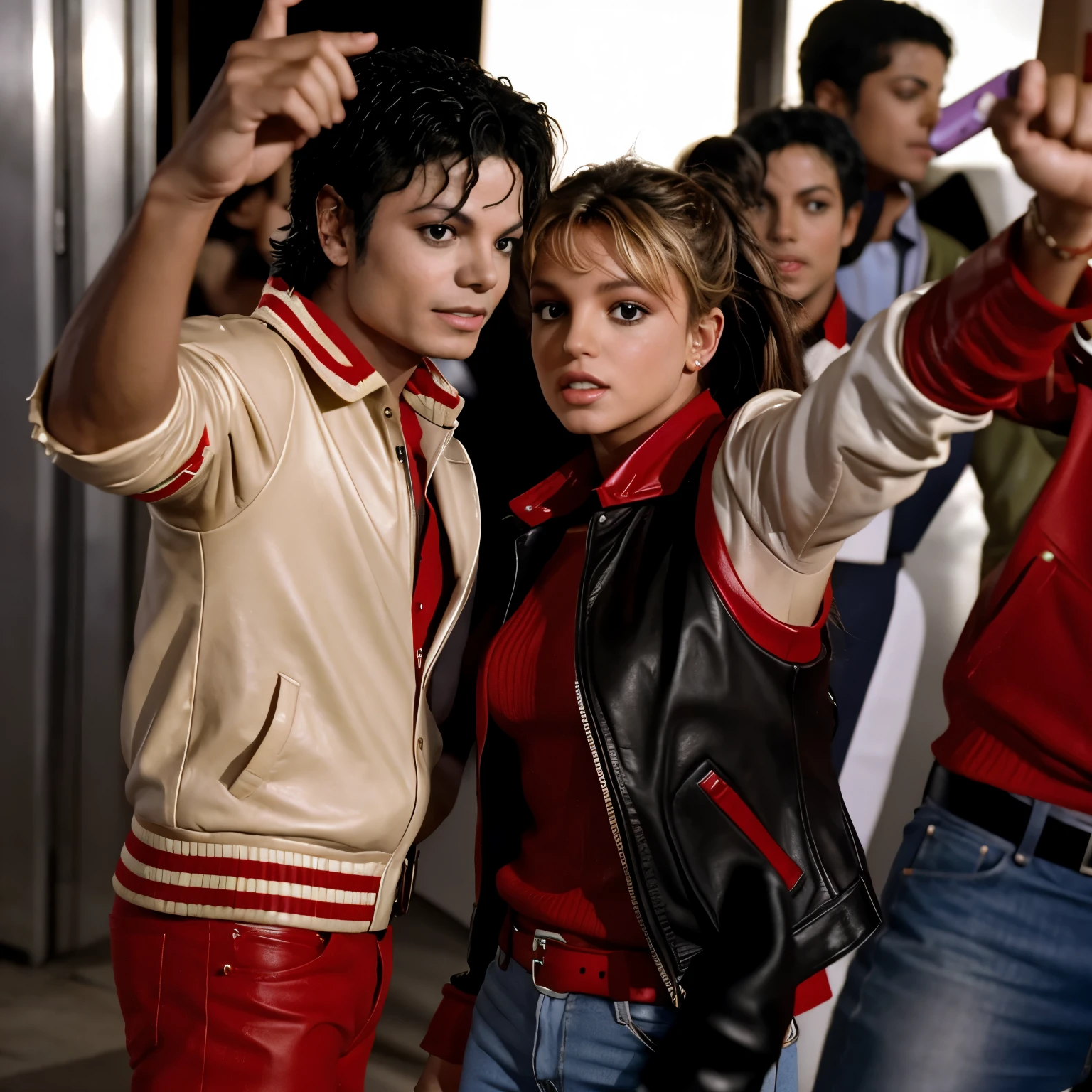 Britney Spears y Michael Jackson selfie, looking at each other,