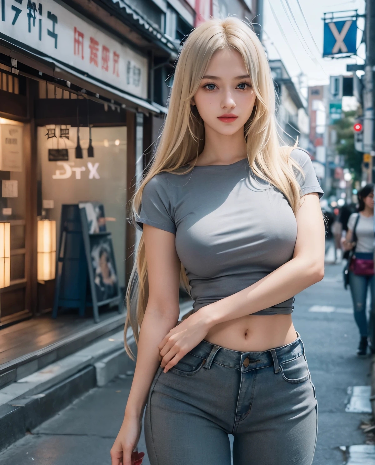 1girl, Blue eyes, (smile), (Sana Minatozaki), (tight gray t-shirt :1.3), (rip jeans :1.3), (wide hips), Big , (big ass), (Best Quality, 8k, Masterpiece: 1.3), perfect hands, Clear Focus: 1.2, Perfect Body Beauty: 1.4, Highly detailed face and skin texture, detailed eyes, double eyelids, red lips, (blonde long straight hair :1.3), (standing), (dynamic pose), in a japanese town