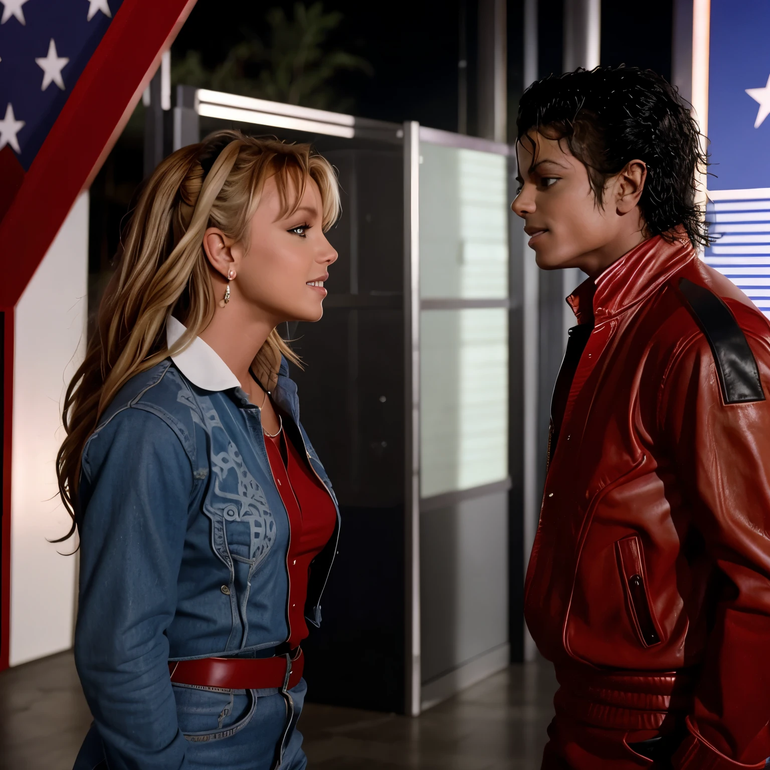 Britney Spears y Michael Jackson selfie, looking at each other,