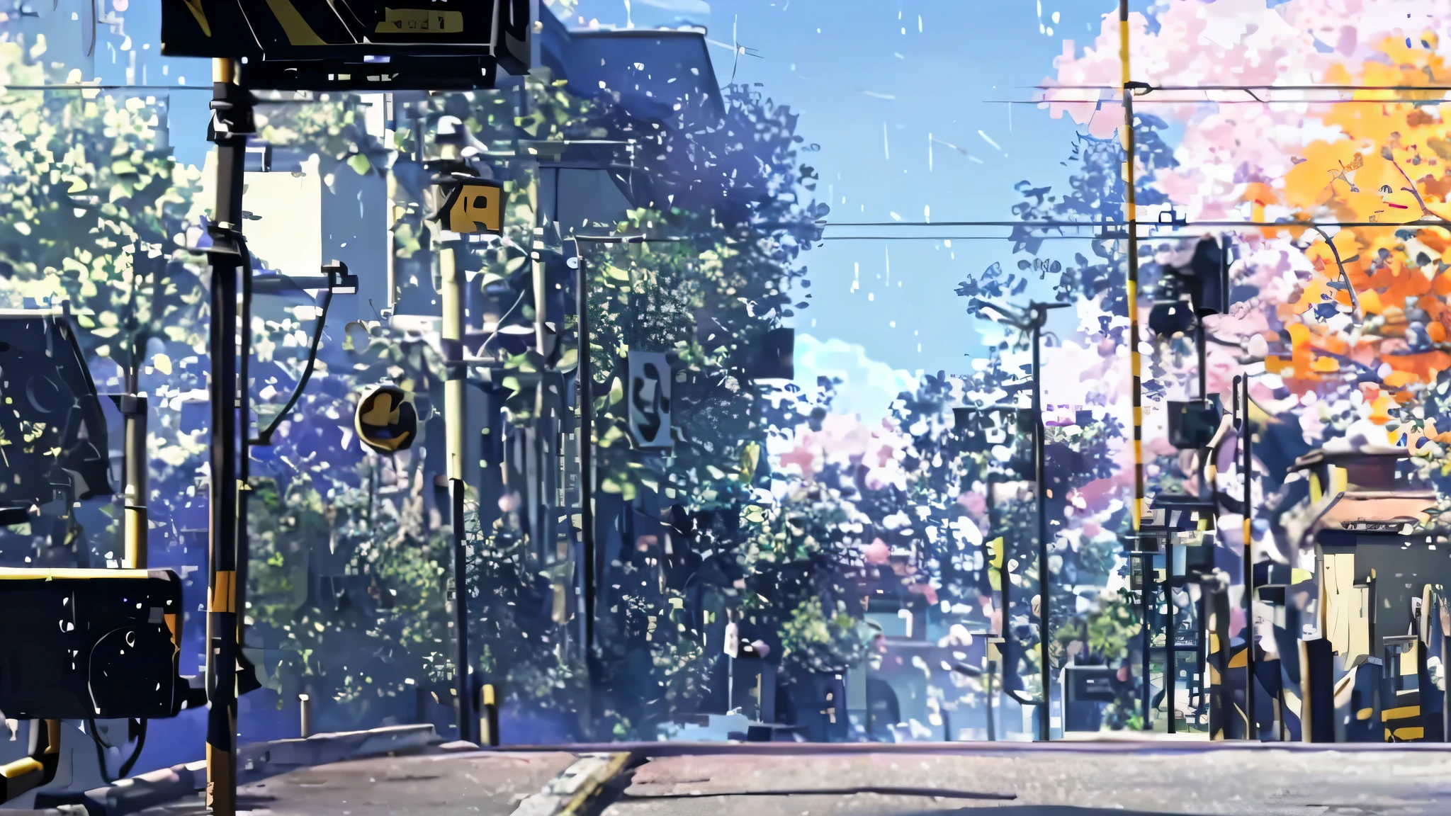 There is a photo of the street with the railroad crossing., Photo of a level crossing barrier seen from the front,beautiful anime scene, anime background art, anime background, Beautiful peace scenes in anime, beautiful anime scenery, ( ( makoto shinkai ) ), anime scenery, Studio Gribly Makoto Shinkai, makoto shinkai. — 2160 hours, anime movie background, Makoto Shinkai&#39;s weather is rainy。,