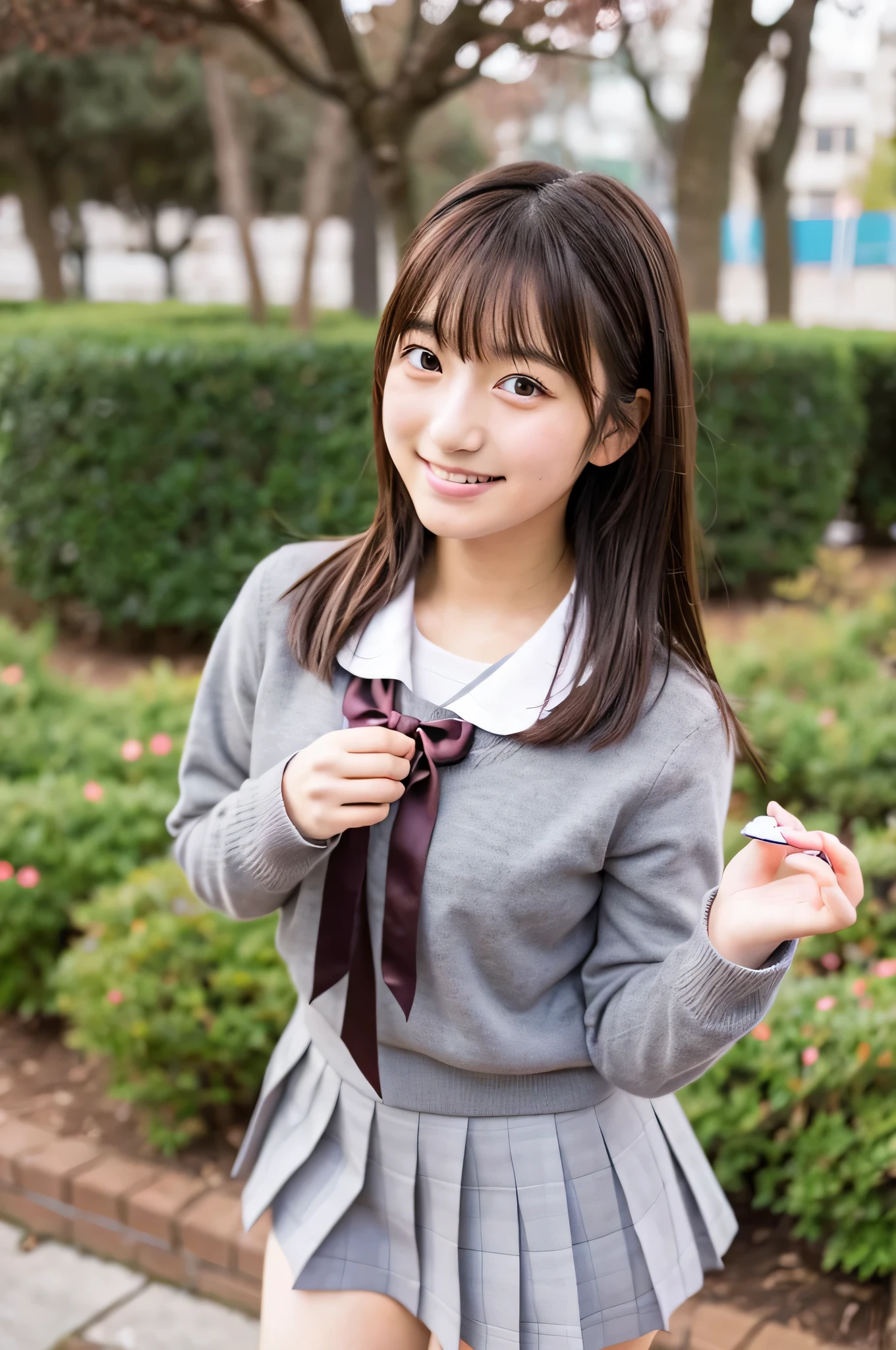 cute japanese girl (18-year-old) Wearing high school uniform and gray miniskirt and holding Valentine chocolates。