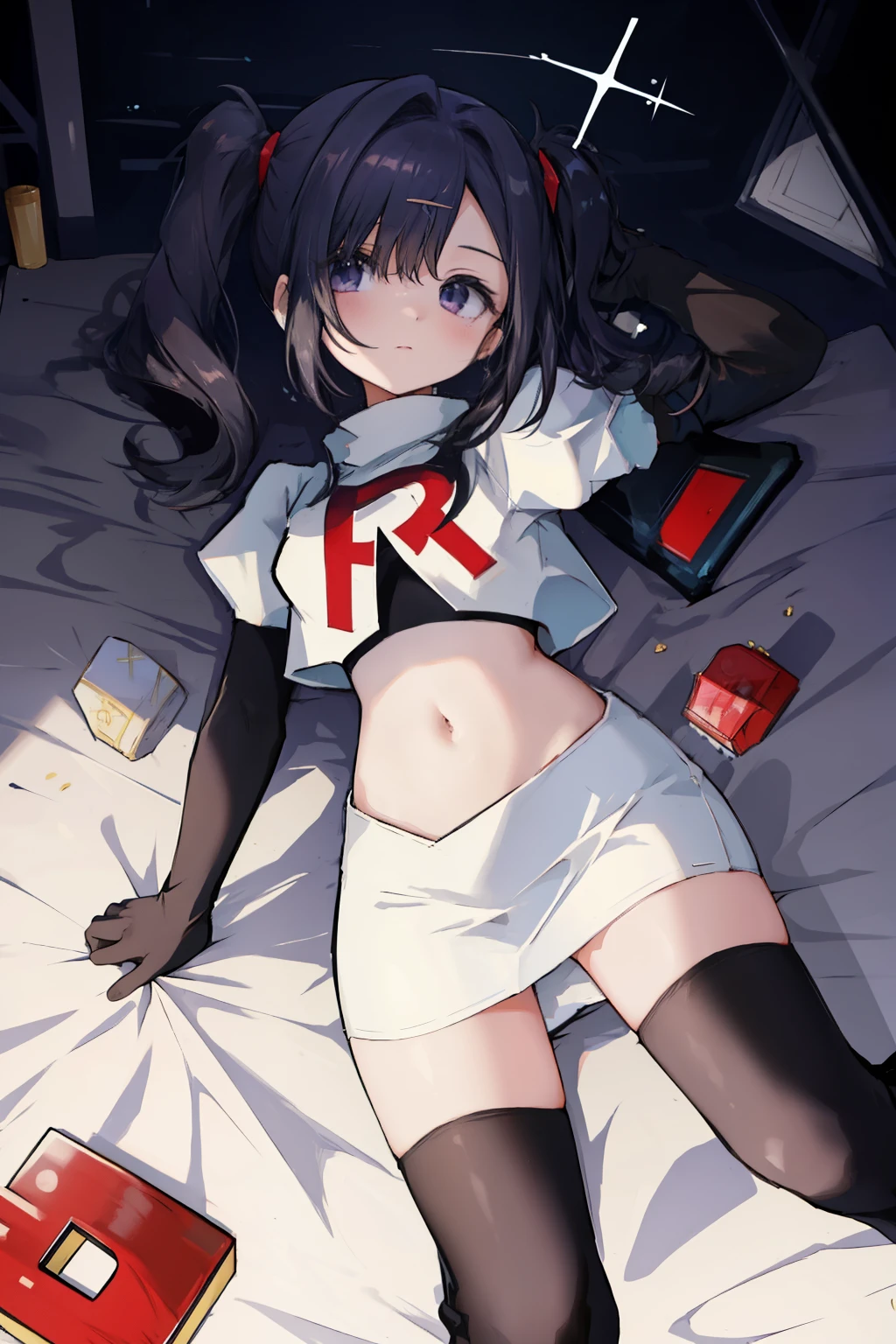 best quality, masterpiece, ame-chan, simple background, looking at viewer, team rocket,team rocket uniform,white skirt,red letter R,crop top,black thigh-highs,black elbow gloves