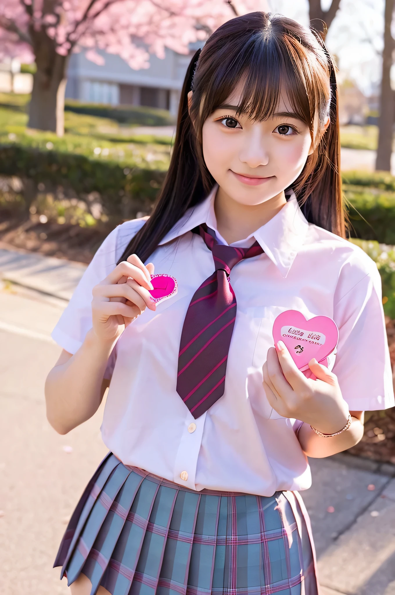cute japanese girl (18-year-old) She is wearing a high school uniform and a pink miniskirt.。、holding valentine chocolate in both hands