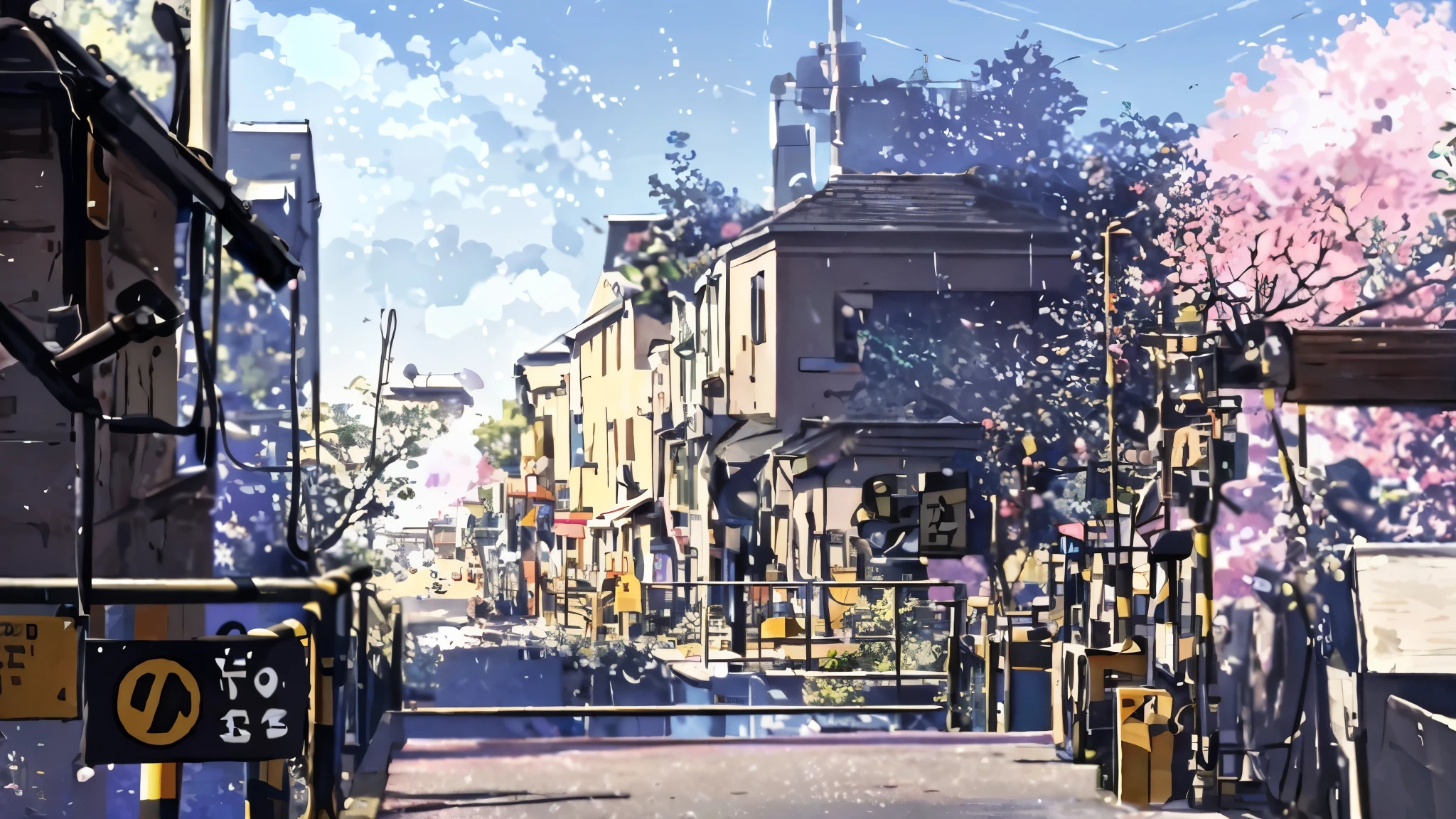 There is a picture of a street with a railroad crossing., A picture of a railroad crossing barrier from the front,beautiful anime scene, anime background art, anime background, Beautiful peace scenes in anime, beautiful anime scenery, ( ( makoto shinkai ) ), anime scenery, Studio Gribly Makoto Shinkai, makoto shinkai. — hour 2160, anime movie background, The weather is raining in Makoto Shinkai,