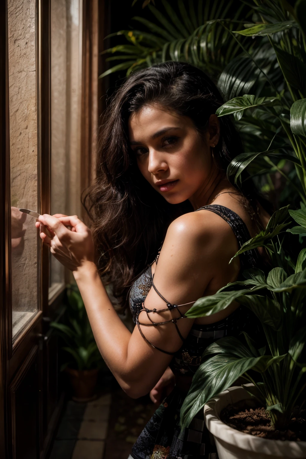 solo 30 yo woman, Puerto Rico, black curly hair, 5' 3, adorably beautiful, wrapped in colorful ((Puerto Rican quilt folk rug,)) dimples, heavy dark eye makeup, dark clothing, dark lace-up boots, (long dark finger nails:1.2), nose piercing, a (black checkered vase with a potted surreal plant growing from it), the plant seems heavy and she's making her way around a busy path, overgrown, she's a true charismatic woman, there's something about her, all her details are captured by any and all cameras, all (details captured, taken by Canon EOS 5D, Nikon d850 full frame, Leica M, Hasselblad digital cameras), the picture seems to show you every detail, we can see details the normal eye can't see, invisible to many, camera is revealing more around her, reveal the deepest shadows, blacks are deep and rich, every texture is clear and fine, shallow depth of focus, blurry path into deep darkness, a busy the path and keep her from being safe inside where she wants to be