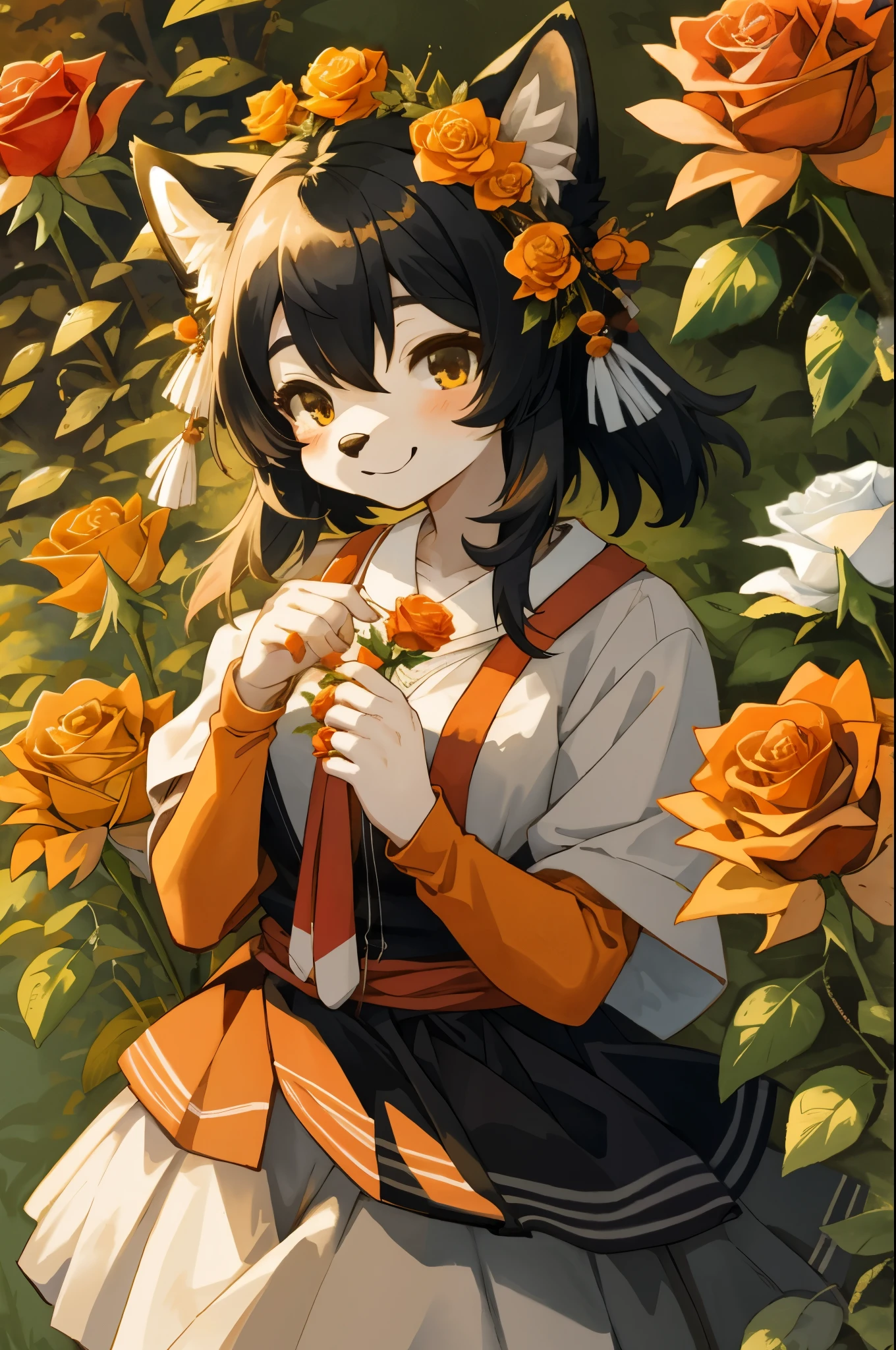 watercolor, highres, top quality, best quality, paid reward available, High-quality illustrations, unparalleled masterpiece, perfect artwork, absurdres, 1girl, kemono, furry, detailed body fur, animal face, animal hand, Archaic Smile, holding a cluster of orange Rose in both hands, which are positioned at chest level, She is wearing a simple ring on the ring finger of her left hand, unfocused spread of orange rose, fan-created work shared on platforms Pixiv or Twitter,