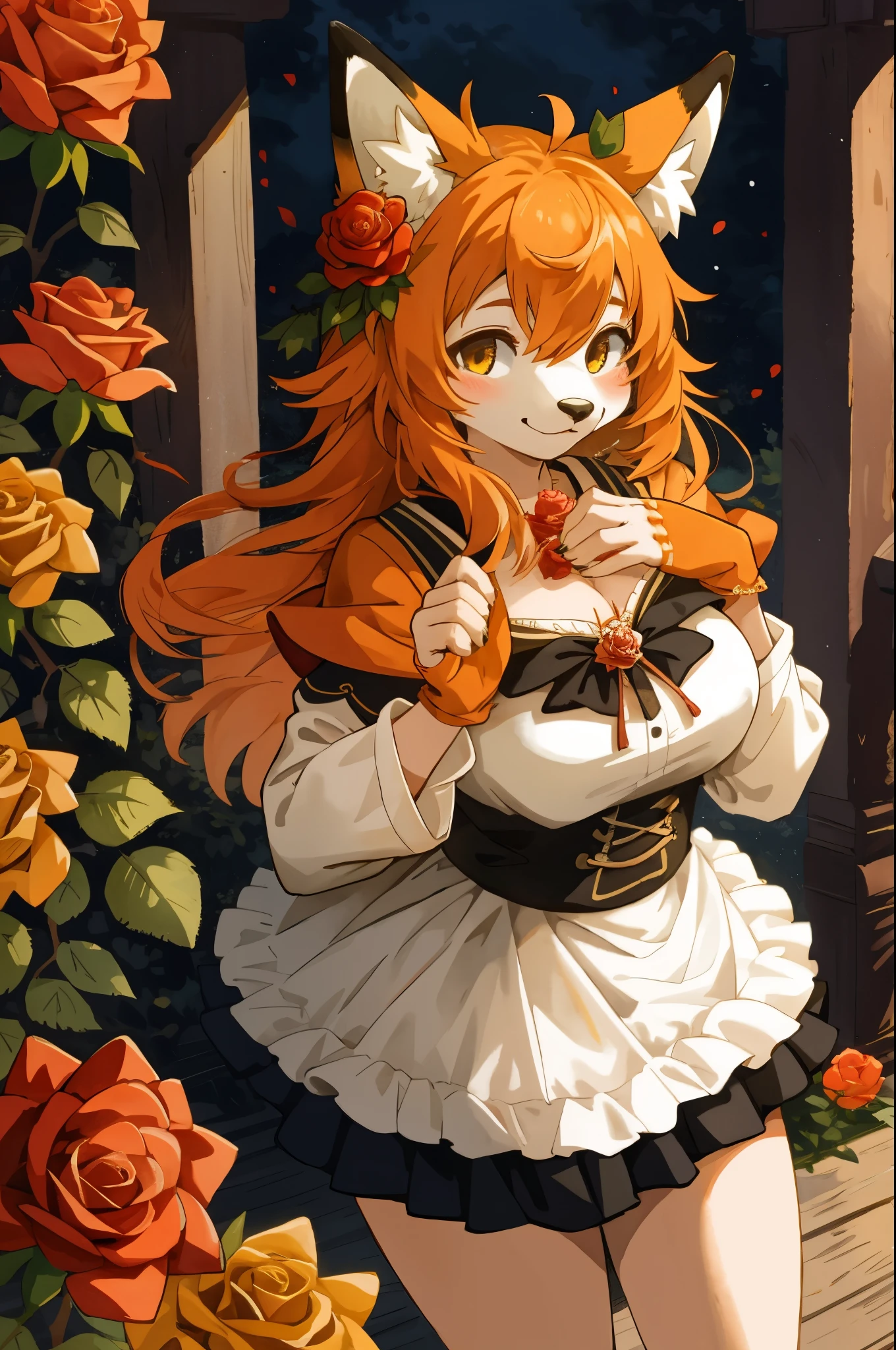 watercolor, highres, top quality, best quality, paid reward available, High-quality illustrations, unparalleled masterpiece, perfect artwork, absurdres, 1girl, kemono, furry, detailed body fur, animal face, animal hand, Archaic Smile, holding a cluster of orange Rose in both hands, which are positioned at chest level, She is wearing a simple ring on the ring finger of her left hand, unfocused spread of orange rose, fan-created work shared on platforms Pixiv or Twitter,