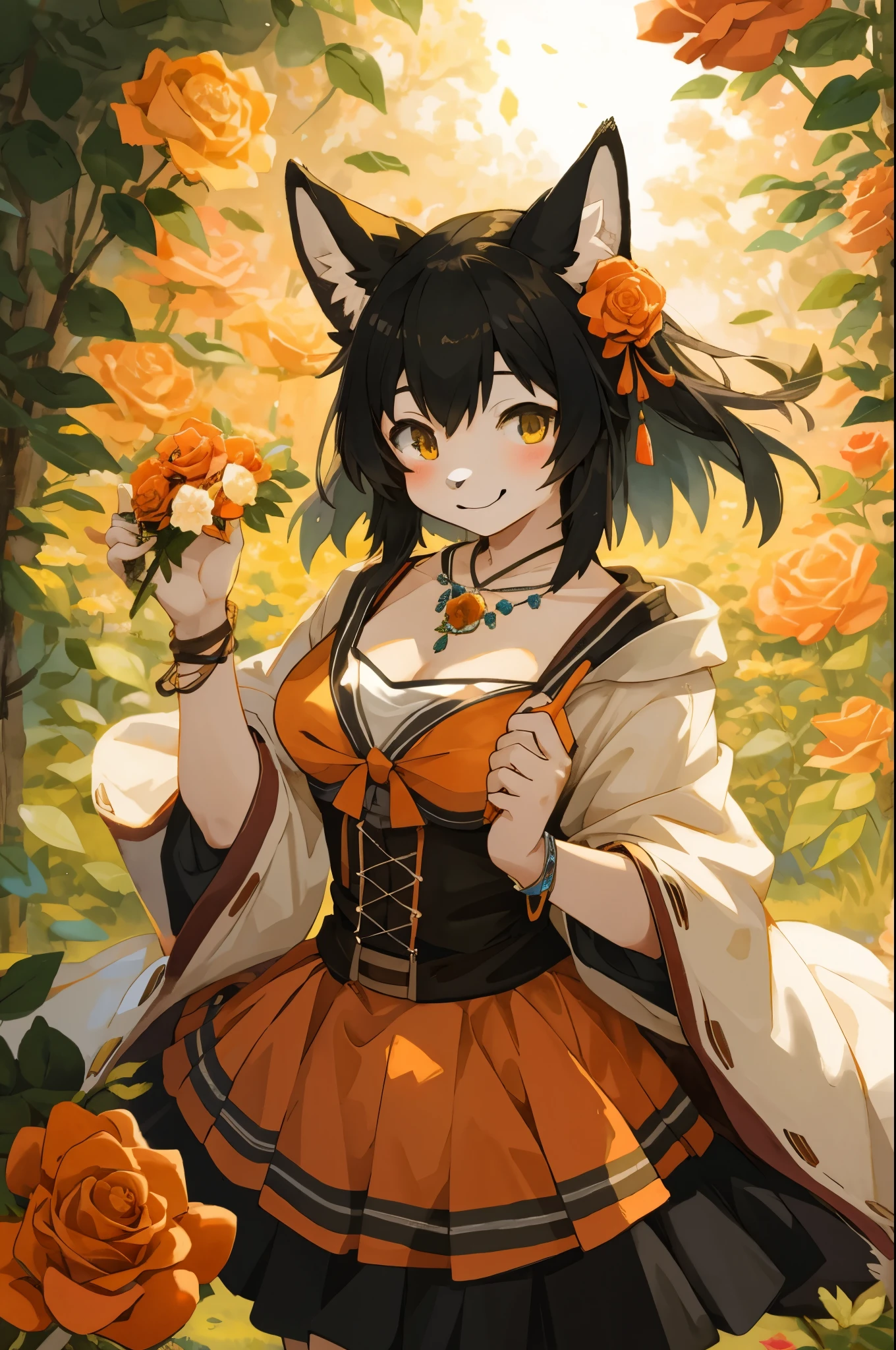 watercolor, highres, top quality, best quality, paid reward available, High-quality illustrations, unparalleled masterpiece, perfect artwork, absurdres, 1girl, kemono, furry, detailed body fur, animal face, animal hand, Archaic Smile, holding a cluster of orange Rose in both hands, which are positioned at chest level, She is wearing a simple ring on the ring finger of her left hand, unfocused spread of orange rose, fan-created work shared on platforms Pixiv or Twitter,