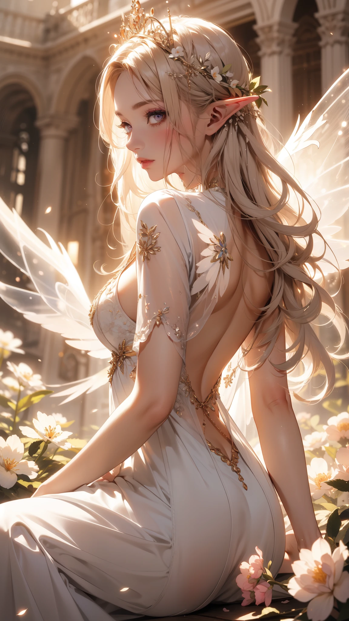 ((masterpiece)), (top quality), (best quality), ((ultra-detailed, 8k quality)), Cinematic lighting, soft semi-backlit light, (detailed line art), absurdres, (best composition), (high-resolution), Aesthetics,
BREAK,
Flower elf Fairy、((Surrounded by flowers))、((Beautiful elf girl with white long dress:1.2, transparent wings on her back))、When taking off, Glowing scales fly、(((Sitting on a flower)))、Highly detailed background,Realistic,ultra-detailliert,super detailed skin,light glow,Film grain,Expro II,Lens Flare,Sharpen,cinematic shadow, fantasy, perfect face, details eye, messy white hair, violet eyes, shining eyes, (beautiful detailed eyelashes, eyeshadow, pink eyeshadow),
BREAK,
((perfect anatomy)), perfect body, (medium breast), perfect hands, beautiful face, beautiful eyes, (perfect fingers, deatailed fingers), correct anatomy, perfect legs,