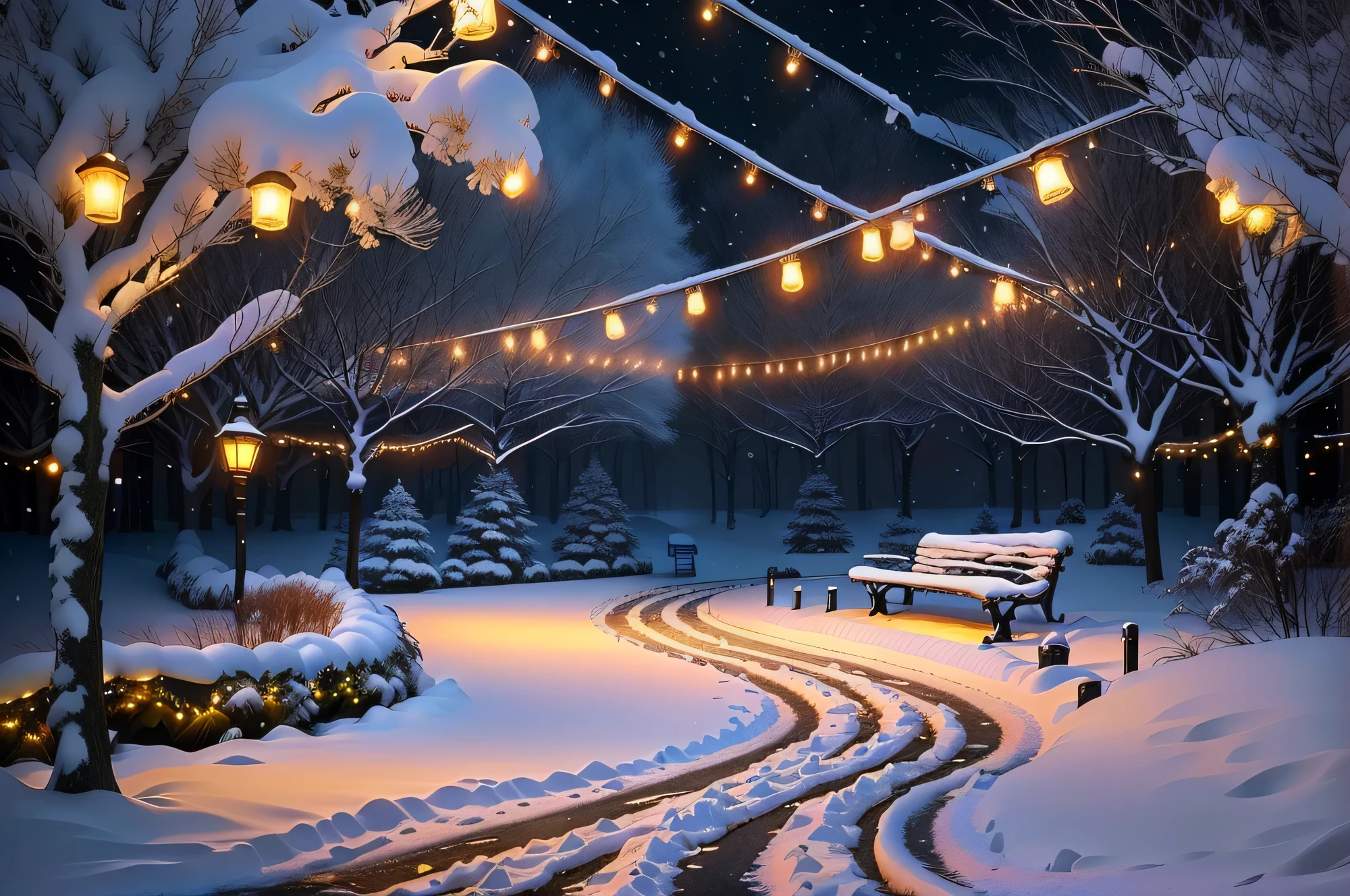 snowy path with benches and string lights in a park, snowy winter christmas night, light snowfall, cozy lights, winter setting, beautiful winter area, snowy night, snowfall at night, snowy winter scene, winter scene fantasy, winter wonderland, cosy enchanted scene, winter night, fairy lights, snowy winter, winter atmosphere, perfect lighting in a snow storm, glowing snow, cozy setting