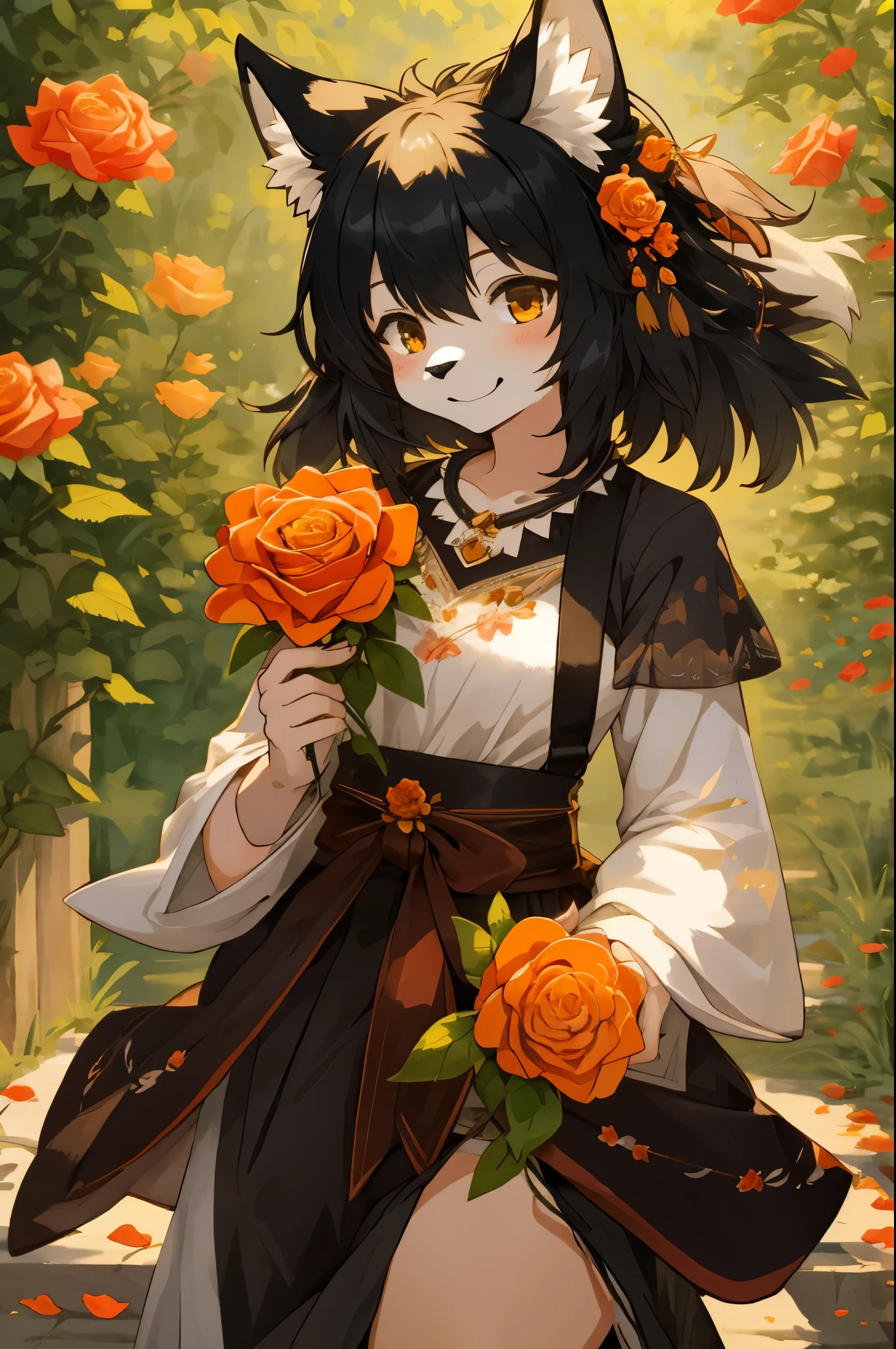 watercolor, highres, top quality, best quality, paid reward available, High-quality illustrations, unparalleled masterpiece, perfect artwork, absurdres, 1girl, kemono, furry, detailed body fur, animal face, animal hand, Archaic Smile, holding a cluster of orange Rose in both hands, which are positioned at chest level, She is wearing a simple ring on the ring finger of her left hand, unfocused spread of orange rose, fan-created work shared on platforms Pixiv or Twitter,