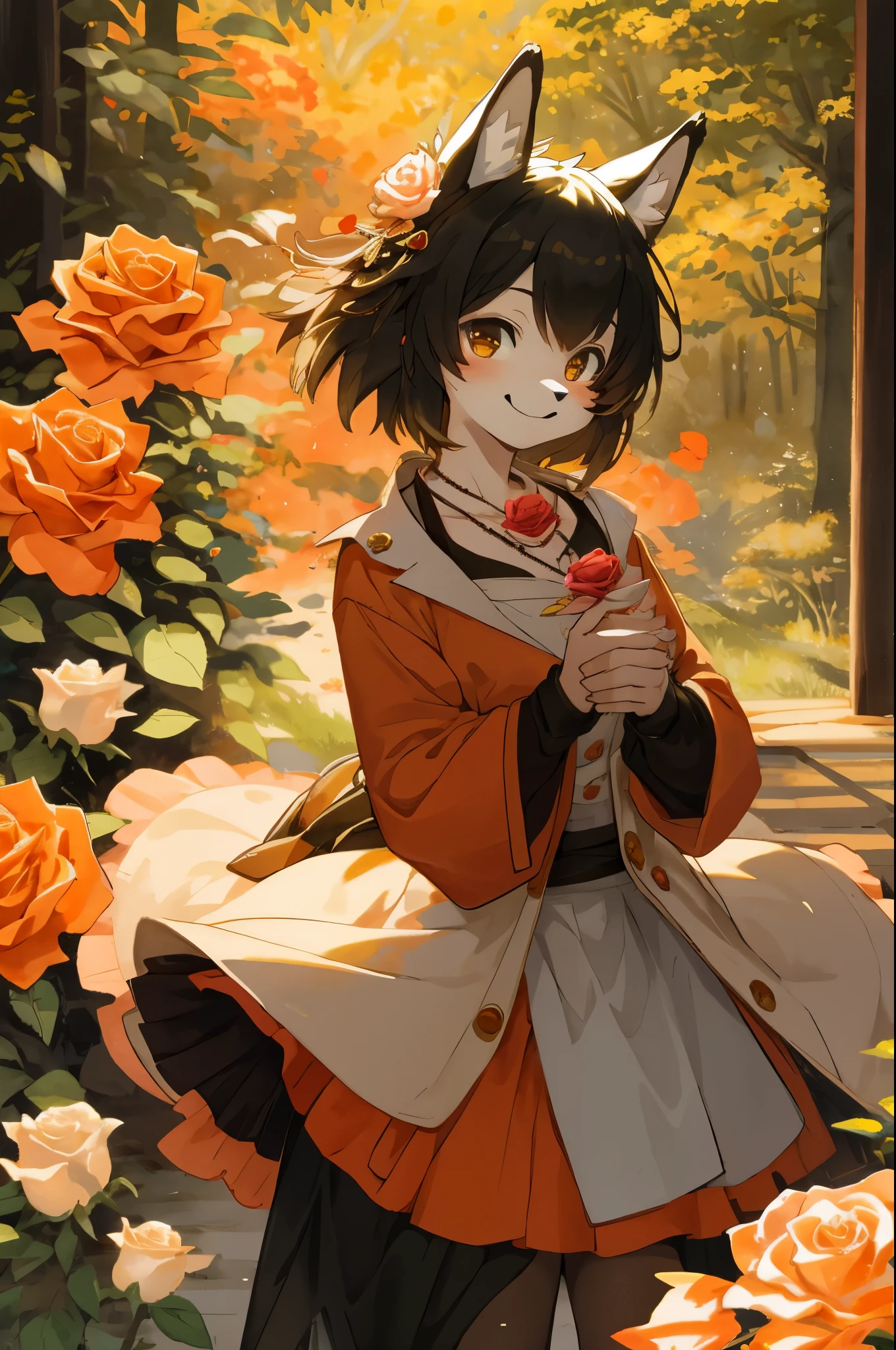 watercolor, highres, top quality, best quality, paid reward available, High-quality illustrations, unparalleled masterpiece, perfect artwork, absurdres, 1girl, kemono, furry, detailed body fur, animal face, animal hand, Archaic Smile, holding a cluster of orange Rose in both hands, which are positioned at chest level, She is wearing a simple ring on the ring finger of her left hand, unfocused spread of orange rose, fan-created work shared on platforms Pixiv or Twitter,