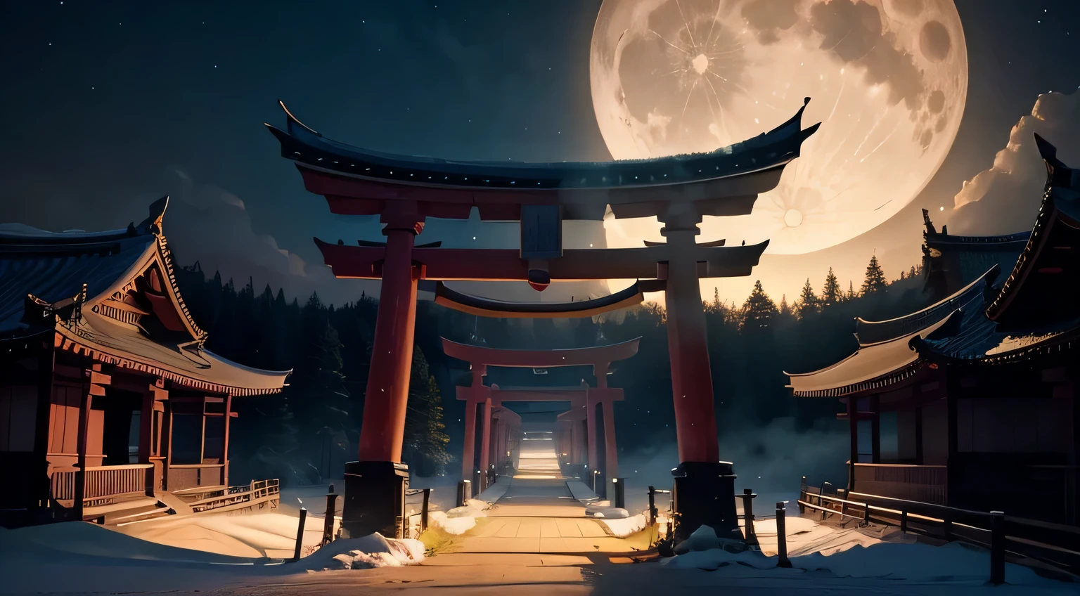 Rice Ear Masterpiece, best image quality, unity 8k wallpaper、High resolution, A continuous torii gate shining against the background of the full moon,Shining torii gate,Mysterious,wonderful, Photo taken with nikon d 7 5 0, Photograph Taken on Nikon D750