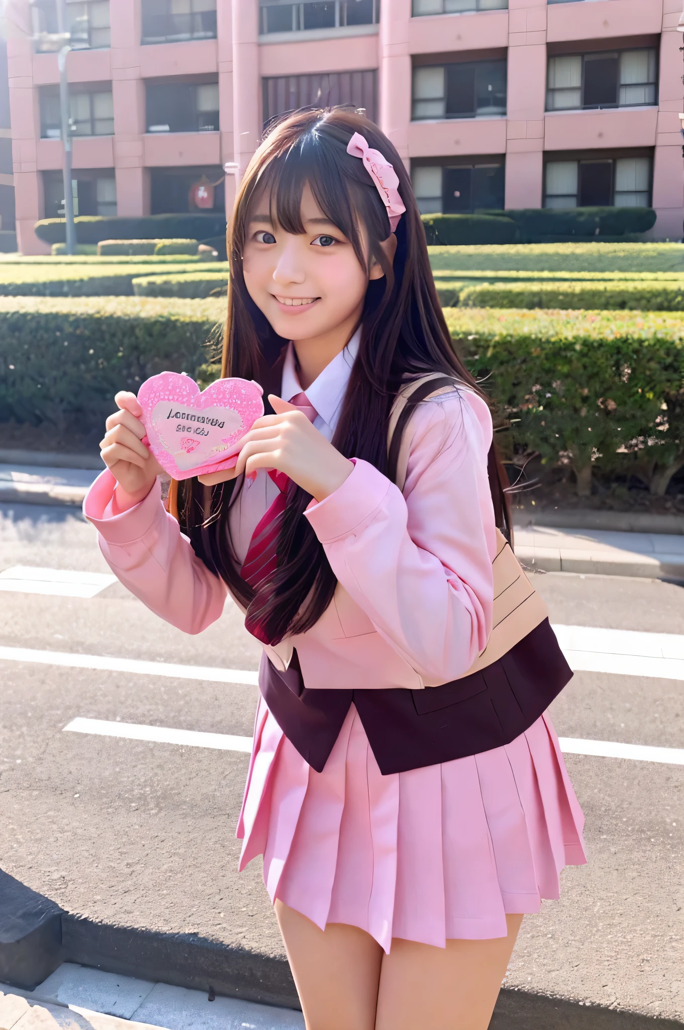 cute japanese girl (18-year-old) She is wearing a high school uniform and a pink miniskirt.。、holding valentine chocolate in both hands