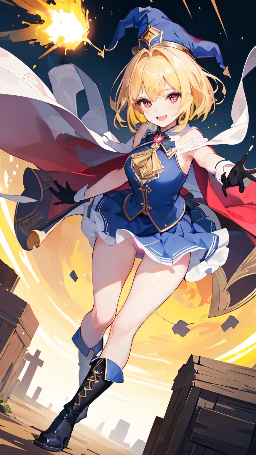 (((1girl))), ((best quality)), ((masterpiece)), ((ultra-detailed)), (illustration), (detailed light), (an extremely delicate and beautiful), (beautiful detailed eyes), (sunlight), ((extremely light)), ((extremely clothes)), (((hyper detail))),(((((front lighting))))),(((((front light))))),
((((quite adorable and Wizard's uniform with a brief skirt and magical hat)))), (((Novice Wizard))),
,
(((wavy manish short bob))), ((((yellow gold hair)))), (((short hair))),
(((deep red eyes))),
((((whole body)))), aged 5 to 8, ((((())))), ((((very adorable young girl)))),
((condescending expression)), ((mischievous smile with sexual satisfaction)), (((extra adorable))), (((((extra slender shape))))),
(((((extremely beautiful detailed face))))),
(((dynamically attacking enemies by a spell of explosion))), (((elegant magic boots))), (((falling meteors)),
(Dutch angle), (((elegant magic gloves))), ((transparent magical underskirt)), a little bit exposed adorable magical panties