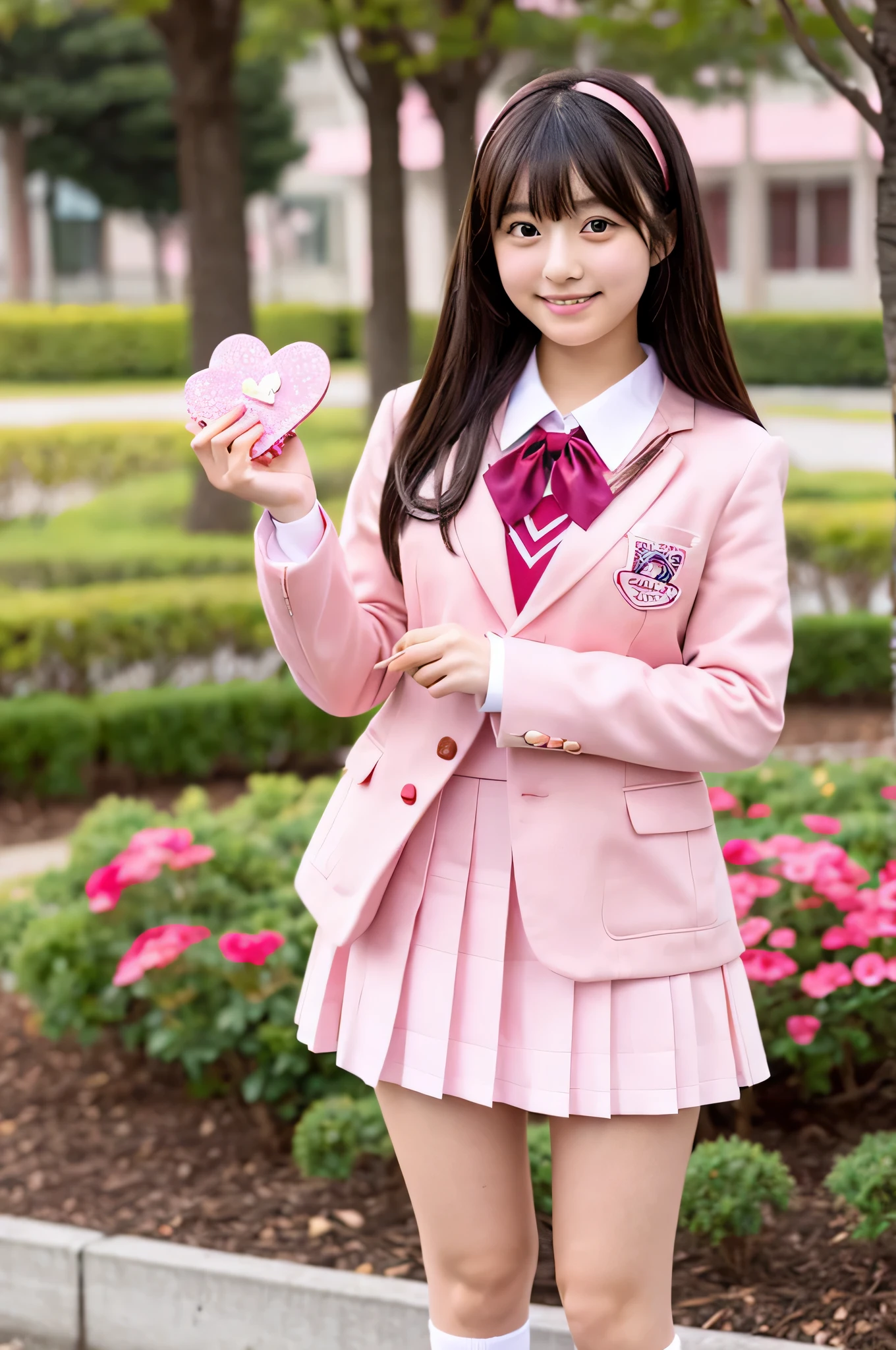 cute japanese girl (18-year-old) She is wearing a high school uniform and a pink miniskirt.。、holding valentine chocolate in both hands