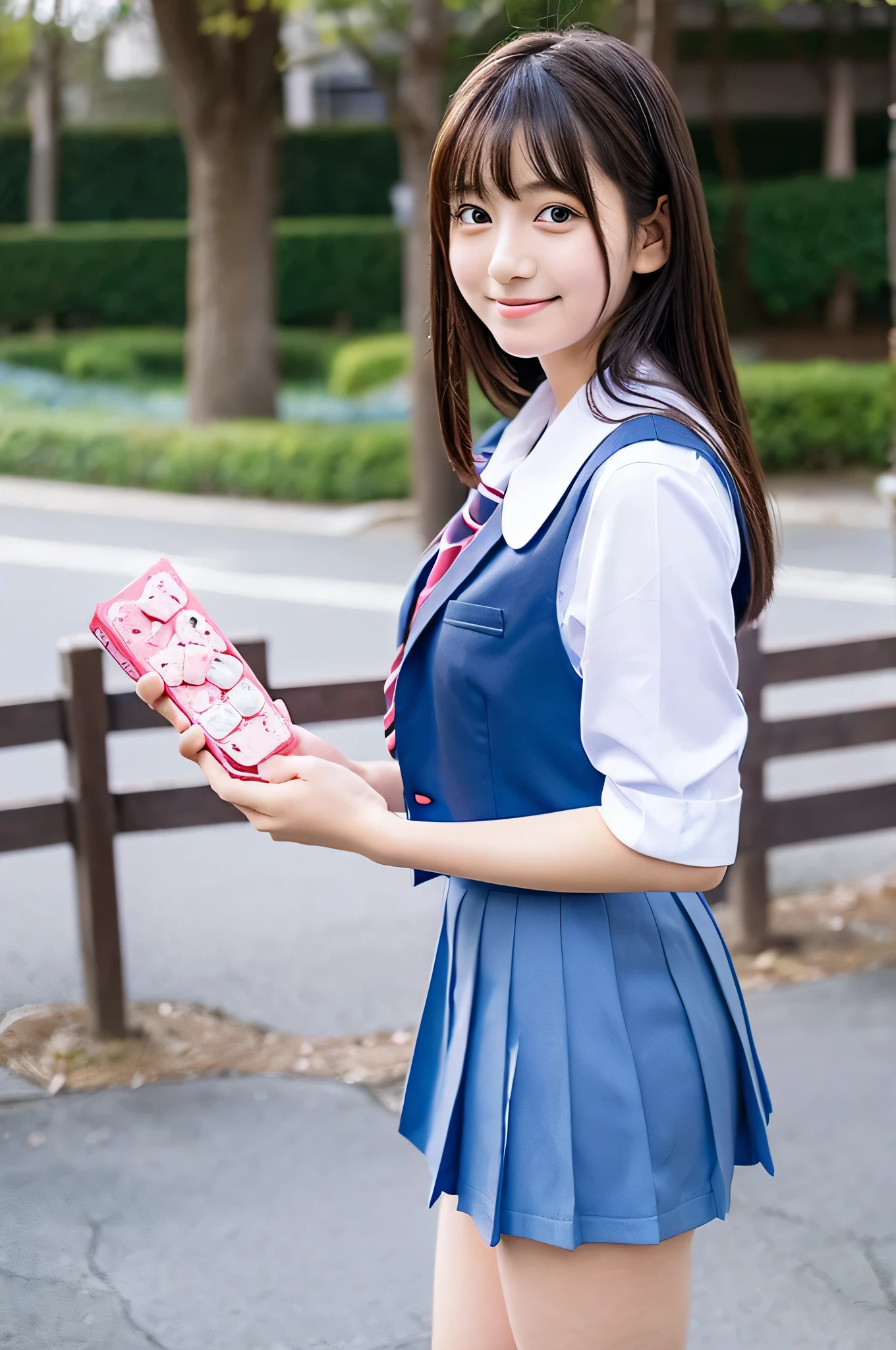cute japanese girl (18-year-old) She is wearing a high school uniform and a light blue miniskirt.。、holding valentine chocolate in both hands