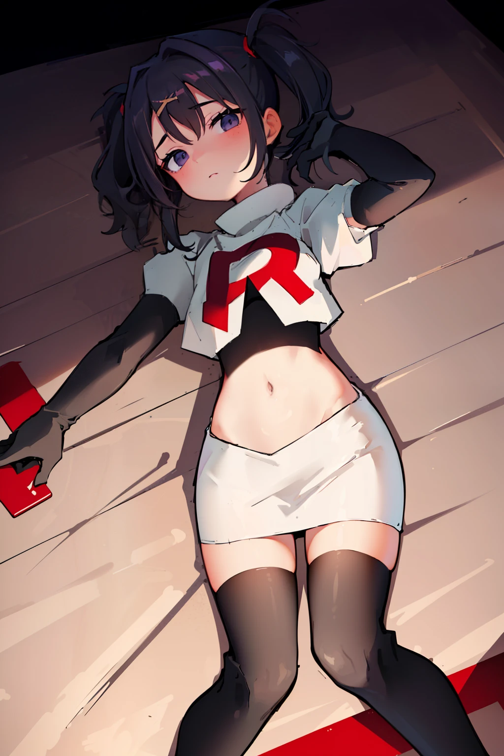 best quality, masterpiece, ame-chan, simple background, looking at viewer, team rocket,team rocket uniform,white skirt,red letter R,crop top,black thigh-highs,black elbow gloves
