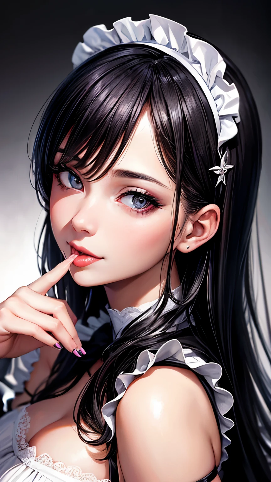 Woman, 30 years, adult, sexy maid black white clothes, nigth, soft ligth, licking lips, saliva, face detail, from above, fingers--style realistic-imagine -