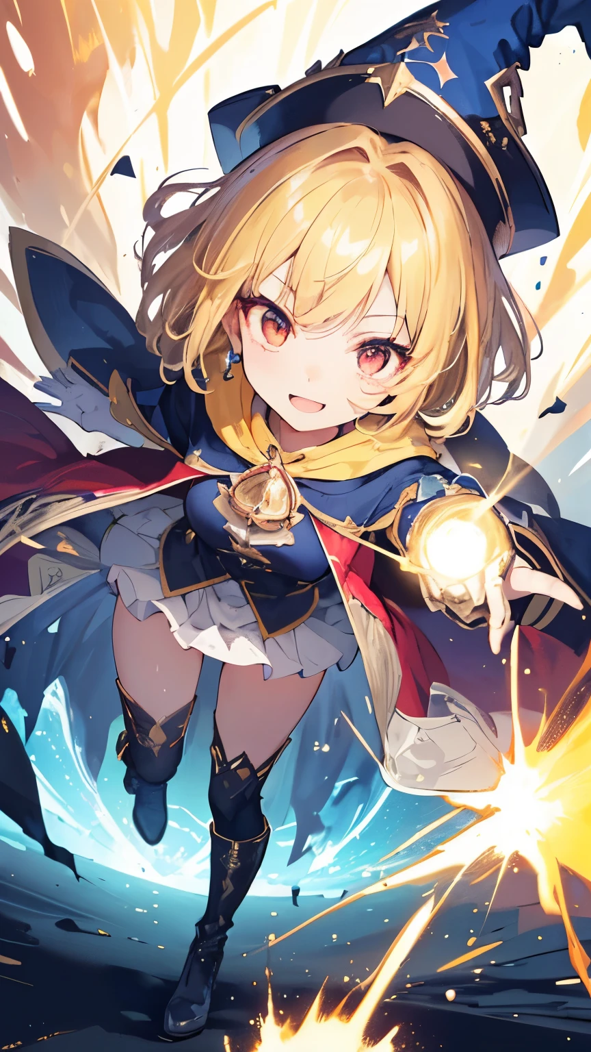 (((1girl))), ((best quality)), ((masterpiece)), ((ultra-detailed)), (illustration), (detailed light), (an extremely delicate and beautiful), (beautiful detailed eyes), (sunlight), ((extremely light)), ((extremely clothes)), (((hyper detail))),(((((front lighting))))),(((((front light))))),
((((quite adorable and Wizard's uniform with a brief skirt and magical hat)))), (((Novice Wizard))),
,
(((wavy manish short bob))), ((((yellow gold hair)))), (((short hair))),
(((deep red eyes))),
((((whole body)))), aged 5 to 8, ((((())))), ((((very adorable young girl)))),
((condescending expression)), ((mischievous smile with sexual satisfaction)), (((extra adorable))), (((((extra slender shape))))),
(((((extremely beautiful detailed face))))),
(((dynamically attacking enemies by a spell of explosion))), (((elegant magic boots))), (((falling meteors)),
(Dutch angle), (((elegant magic gloves))), ((transparent magical underskirt)), a little bit exposed adorable magical panties