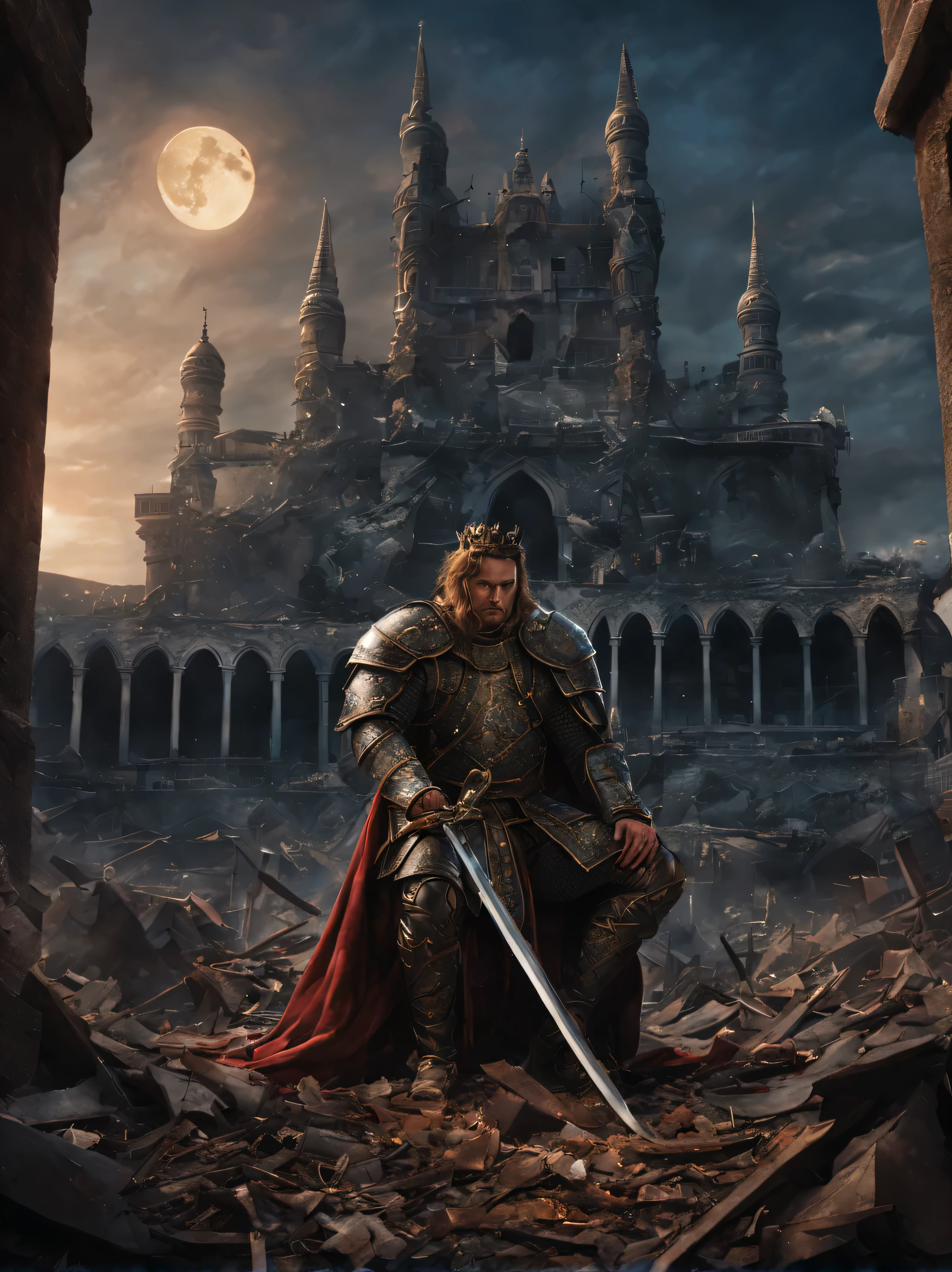 - breathtaking - cinematic realistic scene. The figure of the downcast king knelt down, his hands holding the standing sword, the crown falling on the ground, the backdrop of thrones and collapsed buildings with many swords stuck in the ground. The background of the sky and moon is tense. color: 4 tones vibrant color. highly detailed.