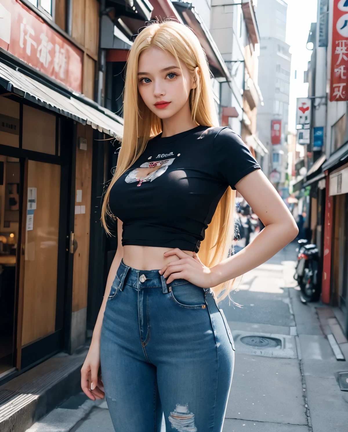 1girl, Blue eyes, (smile), (Sana Minatozaki), (tight t-shirt :1.3), (rip jeans :1.3), (wide hips), Big , (big ass), (Best Quality, 8k, Masterpiece: 1.3), perfect hands, Clear Focus: 1.2, Perfect Body Beauty: 1.4, Highly detailed face and skin texture, detailed eyes, double eyelids, red lips, (blonde long straight hair :1.3), (standing), (dynamic pose), in a japanese town