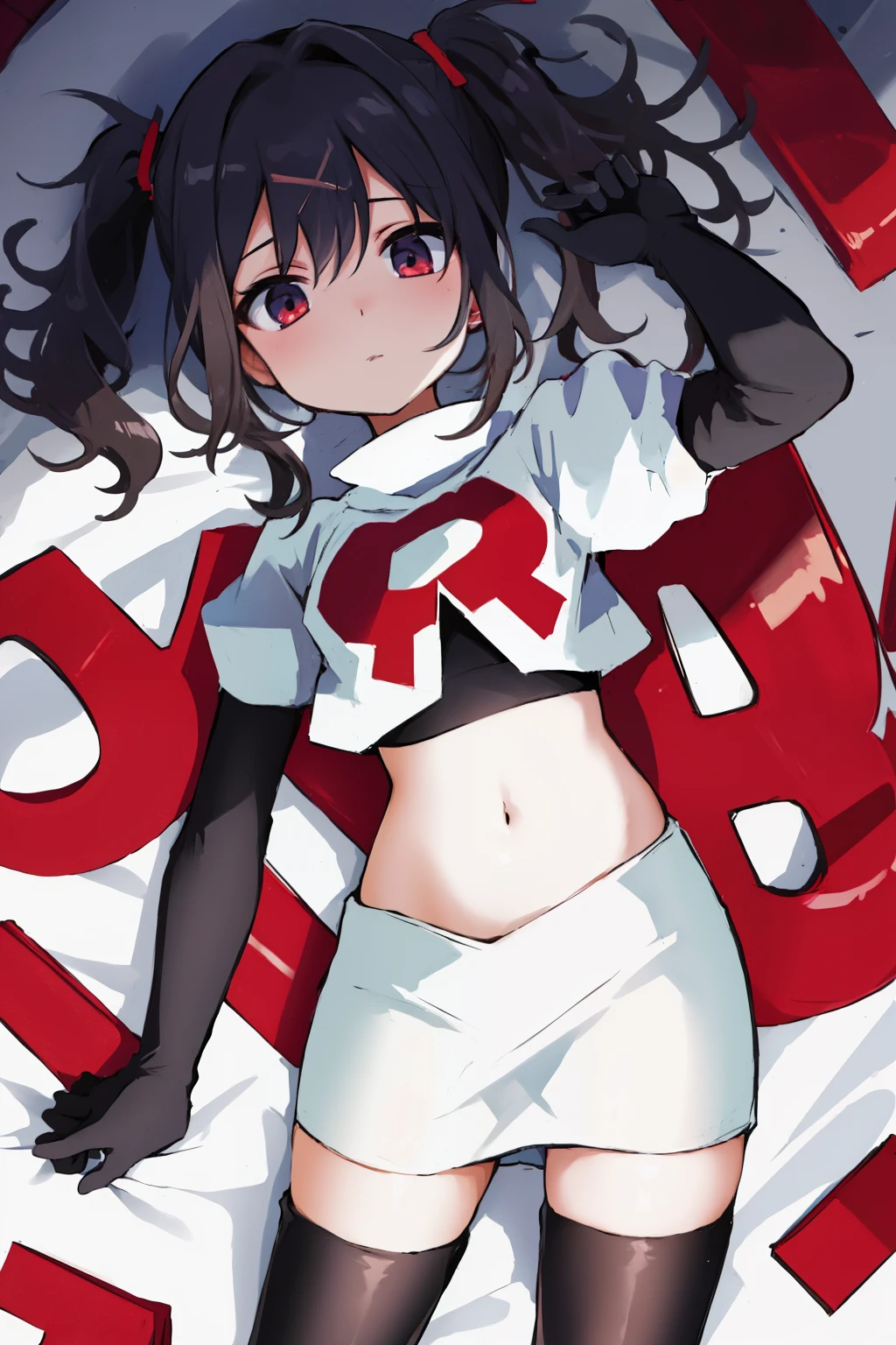 best quality, masterpiece, ame-chan, simple background, looking at viewer, team rocket,team rocket uniform,white skirt,red letter R,crop top,black thigh-highs,black elbow gloves