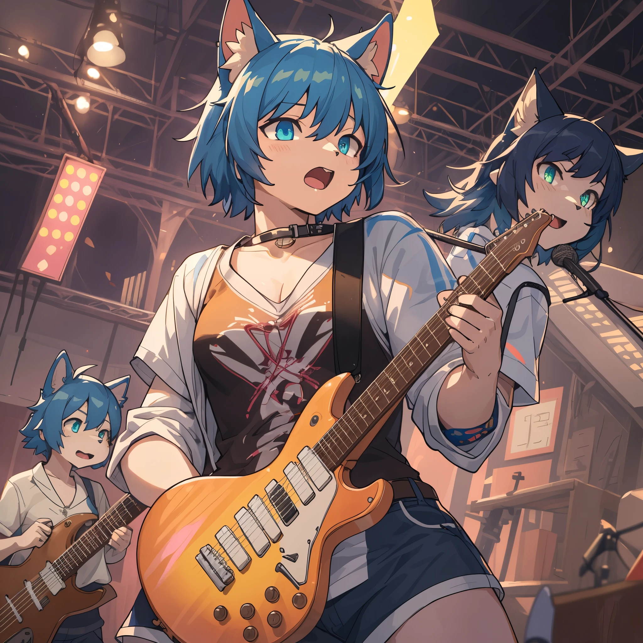 top quality, best quality, High-quality illustrations, masterpiece, super high resolution, detailed background, Rock Band Concerts, Musical instrument performance, Stage Performance, hot air, 6+boys, 6+girls, absurdres(highly detailed beautiful face and eyes)perfect anatomy, expression, good lighting, cinematic shadow(kemono, furry anthro)(sound effects, motion blur),