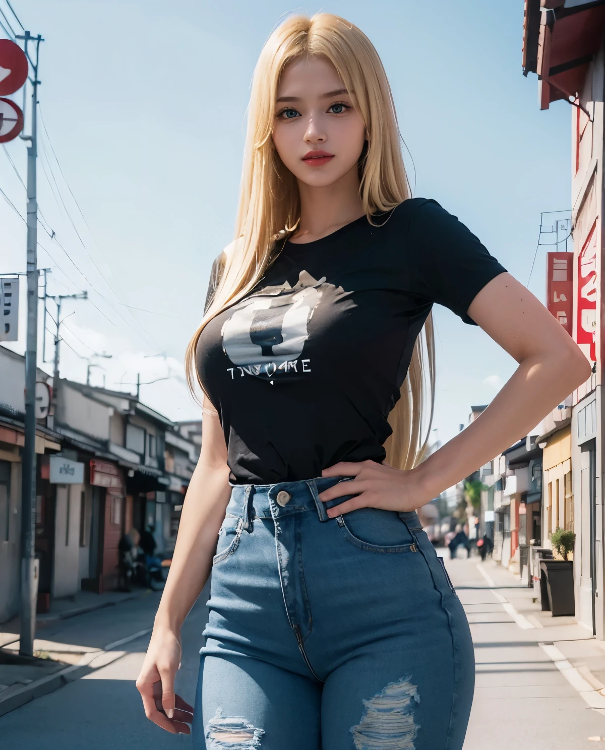 1girl, Blue eyes, (smile), (Sana Minatozaki), (tight t-shirt :1.3), (rip jeans :1.3), (wide hips), Big , (big ass), (Best Quality, 8k, Masterpiece: 1.3), perfect hands, Clear Focus: 1.2, Perfect Body Beauty: 1.4, Highly detailed face and skin texture, detailed eyes, double eyelids, red lips, (blonde long straight hair :1.3), (standing), (dynamic pose), in a japanese town