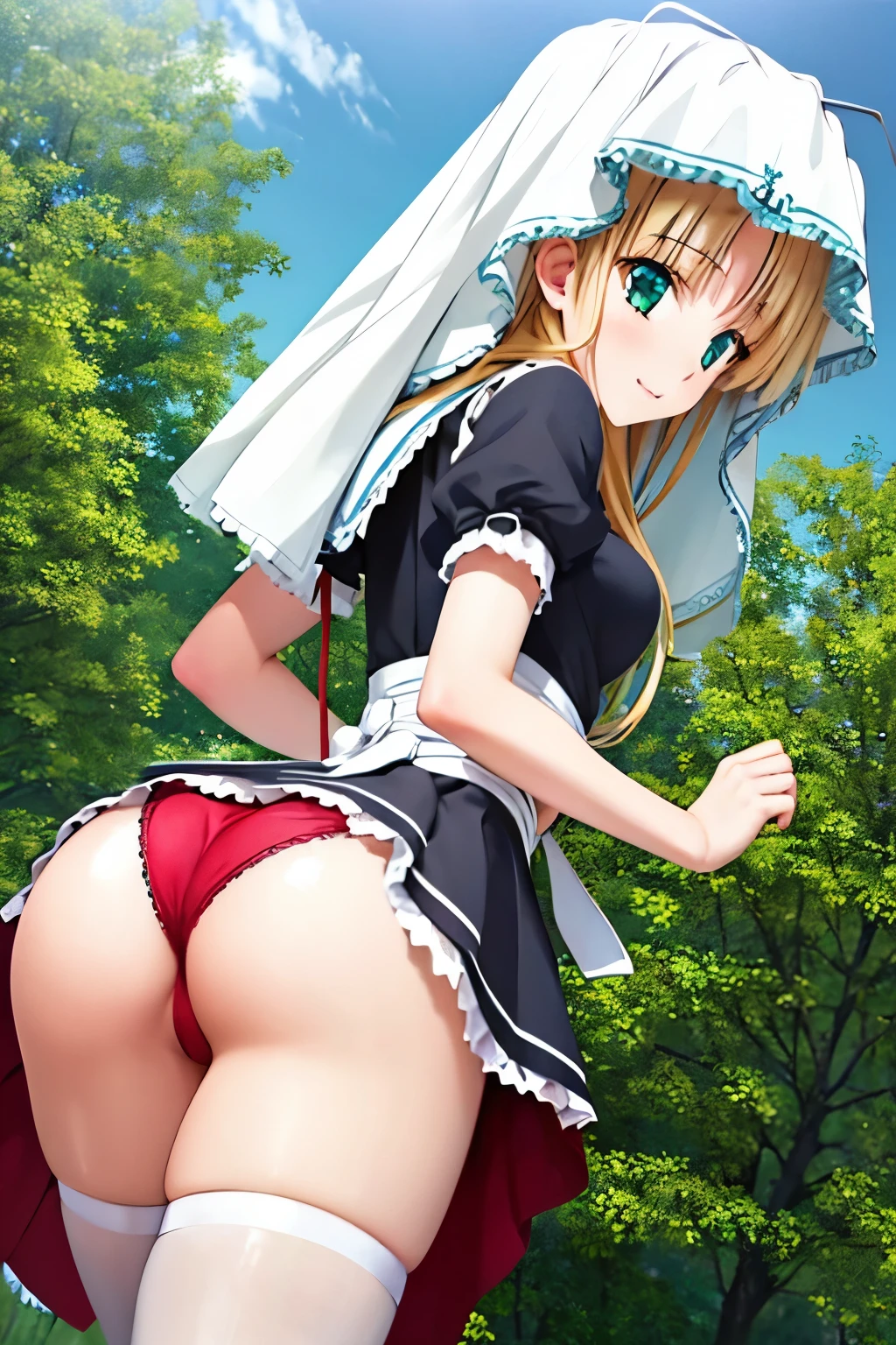 Meisterwerk, (realistisch), high-res, hochdetailliert, kompliziert, Beautiful women, rote Haare, blaue Augen, Sommersprossen, detailliertes Gesicht, maid outfit, Asia Argento, from behind, looking at viewer, showing ass, smile, roped, tied up, bondage, in cafe, flipped skirt, red panties