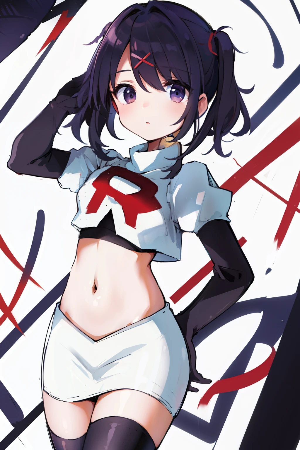 best quality, masterpiece, ame-chan, simple background, looking at viewer, team rocket,team rocket uniform,white skirt,red letter R,crop top,black thigh-highs,black elbow gloves