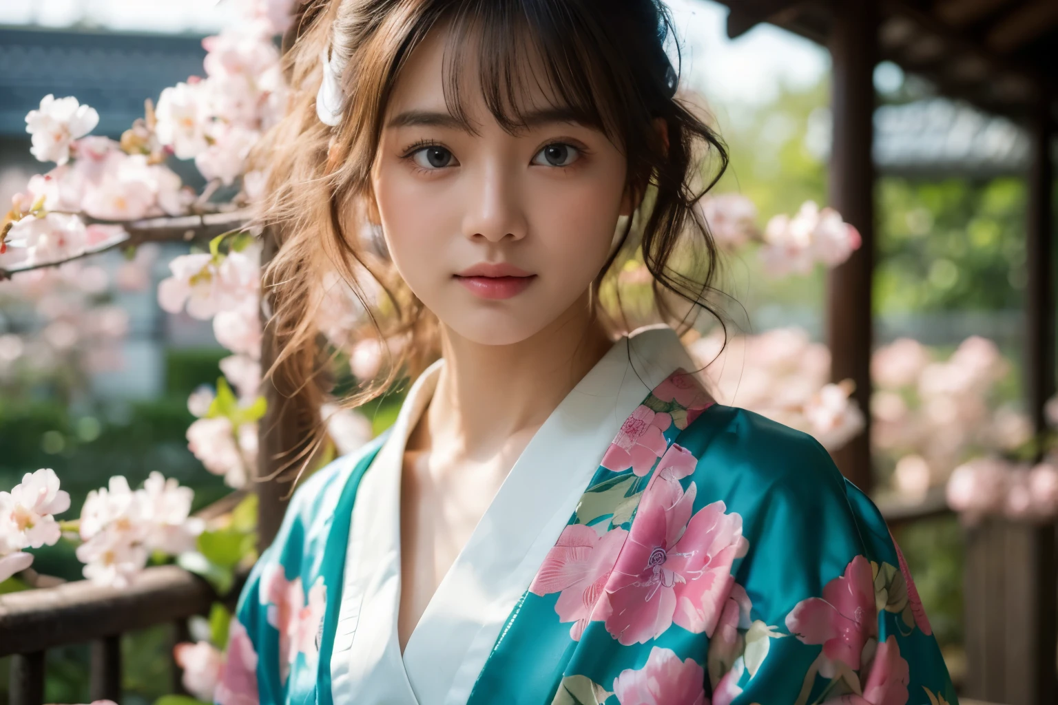 masterpiece, best quality, photorealistic portrait, ultra-detail, detail, high-res, 8k Wallpaper, hyper realistic scenery moment detail photography, dramatic shade light, close up model pose, full body cute gesture of a cute japanese girl age 18-years old wearing satin turquoise kimono traditional japan with pink sakura motif, slender type body, goddess beauty with bright skin, proportional body, big blue eyes, blush cheeks, hazel brown long hair, sweet smile, body sweating & moist skin facial texture, detail facial with texture skin & pore, super model proportions, posing on terrace traditional japan home, lush garden, beauty japan park, with green & white copper, magic hour moment, sun light, flare light, dramatic photography, HDR10 8K. Perfect dynamic composition, beautiful detail eyes, eyes on camera.