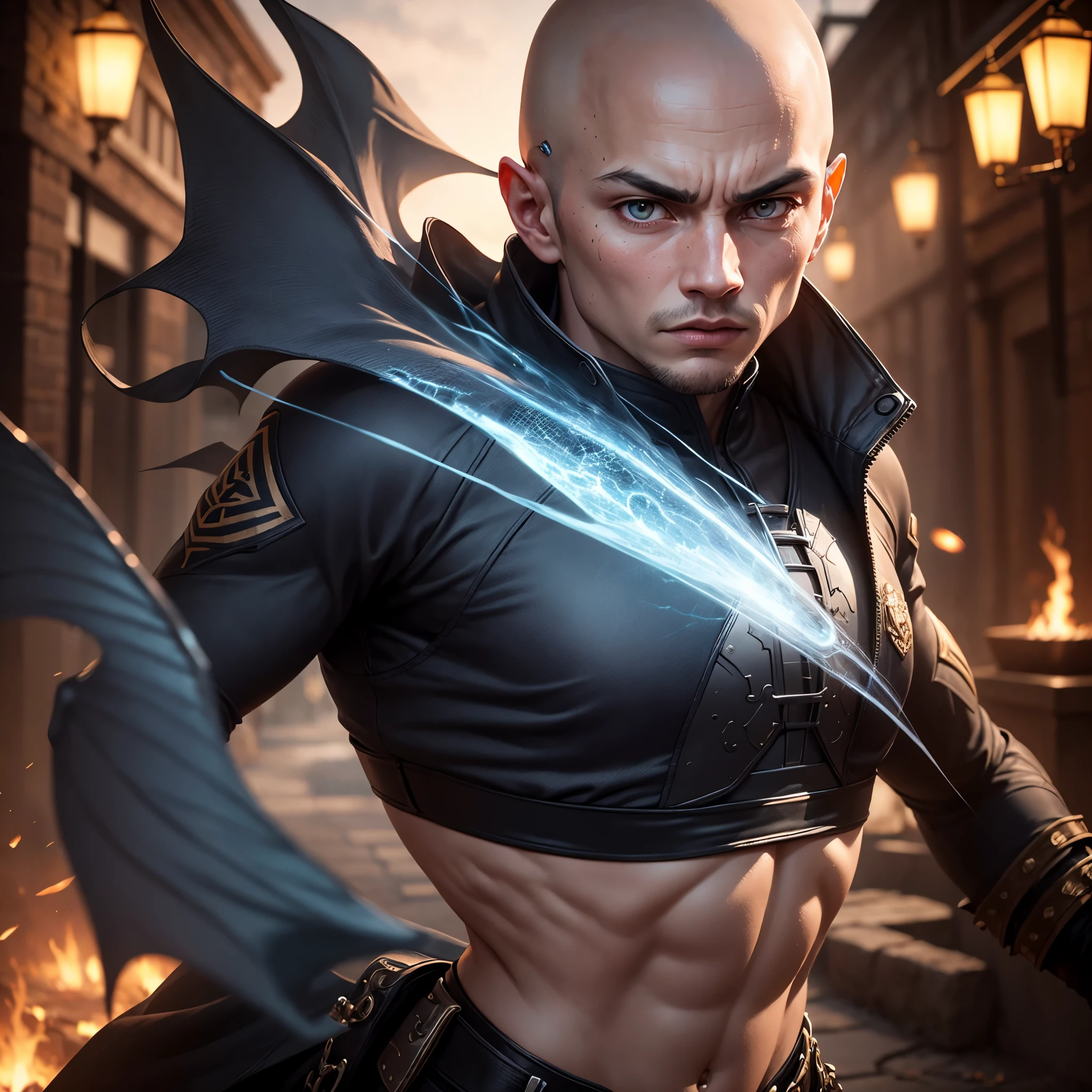 (a young, 25) bald monk,athletic,"European feature","white fighting gi with platinum trim","holy energy with a dragon motif swirling around him",battling the undead,"in a village at night","best quality,4k,8k,highres,masterpiece:1.2",ultra-detailed,"realistic,photorealistic,photo-realistic:1.37",HDR,UHD,"studio lighting","sharp focus","physically-based rendering","extremely detailed eyes and face","vivid colors",portraits,landscape,dark and mysterious colors,Dramatic lighting