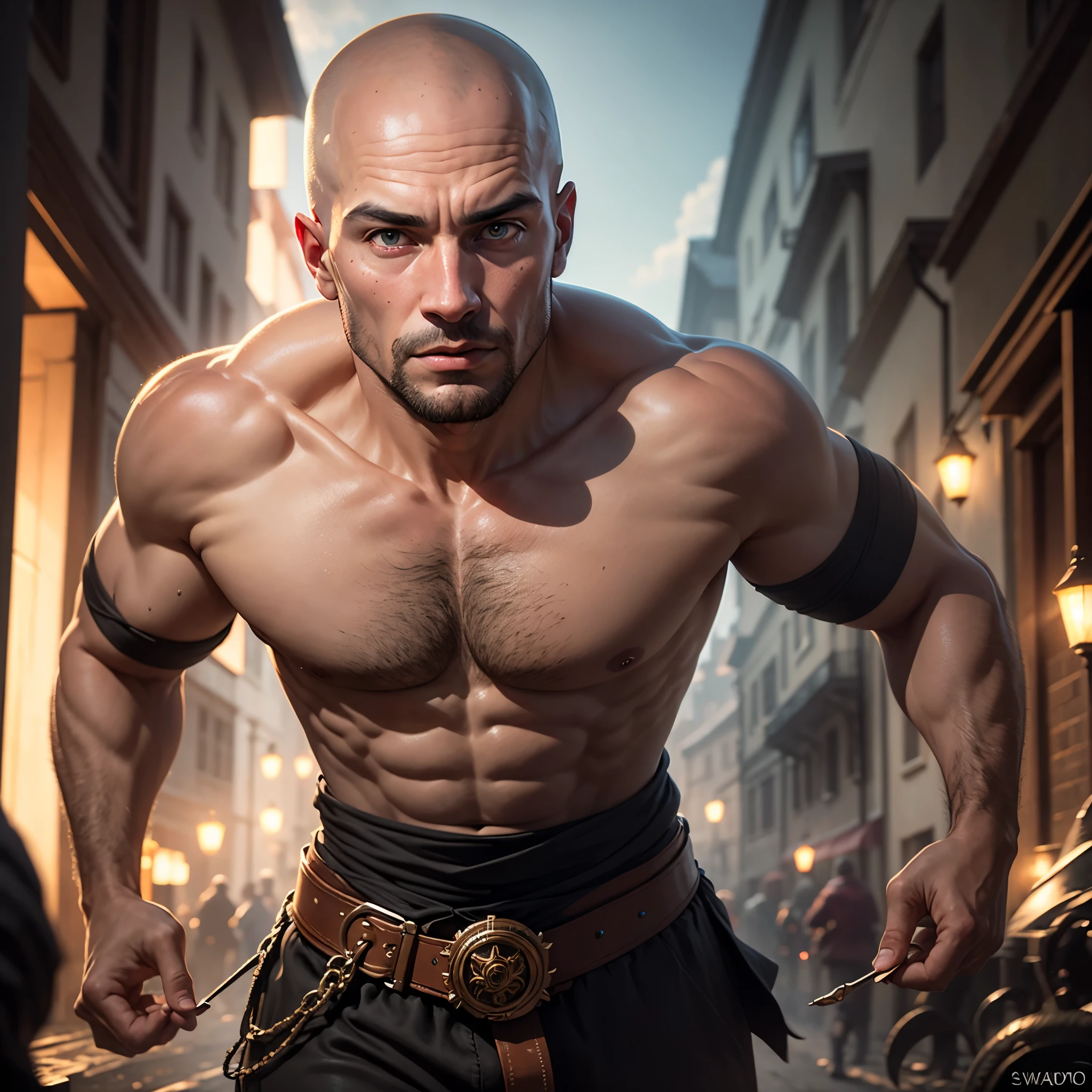 (a young, 25) bald monk,athletic,"European feature","white fighting gi with platinum trim","holy energy with a dragon motif swirling around him",battling the undead,"in a village at night","best quality,4k,8k,highres,masterpiece:1.2",ultra-detailed,"realistic,photorealistic,photo-realistic:1.37",HDR,UHD,"studio lighting","sharp focus","physically-based rendering","extremely detailed eyes and face","vivid colors",portraits,landscape,dark and mysterious colors,Dramatic lighting