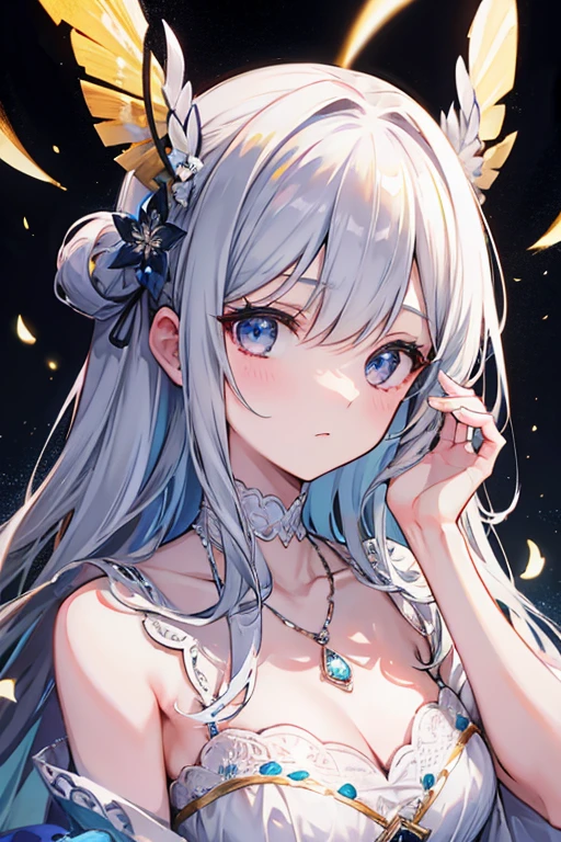 best quality, masterpiece, high resolution, 1 girl, Porcelain dress, hair accessories, necklace, jewelry, pretty face, physically, Tyndall effect, actual, dark studio, edge lighting, Two-tone lighting, (High detail skin: 1.2), 8k ultra high definition, SLR camera, soft light, high quality, Volumetric light, frank, photo, high resolution, 4K, 8k, background blur,