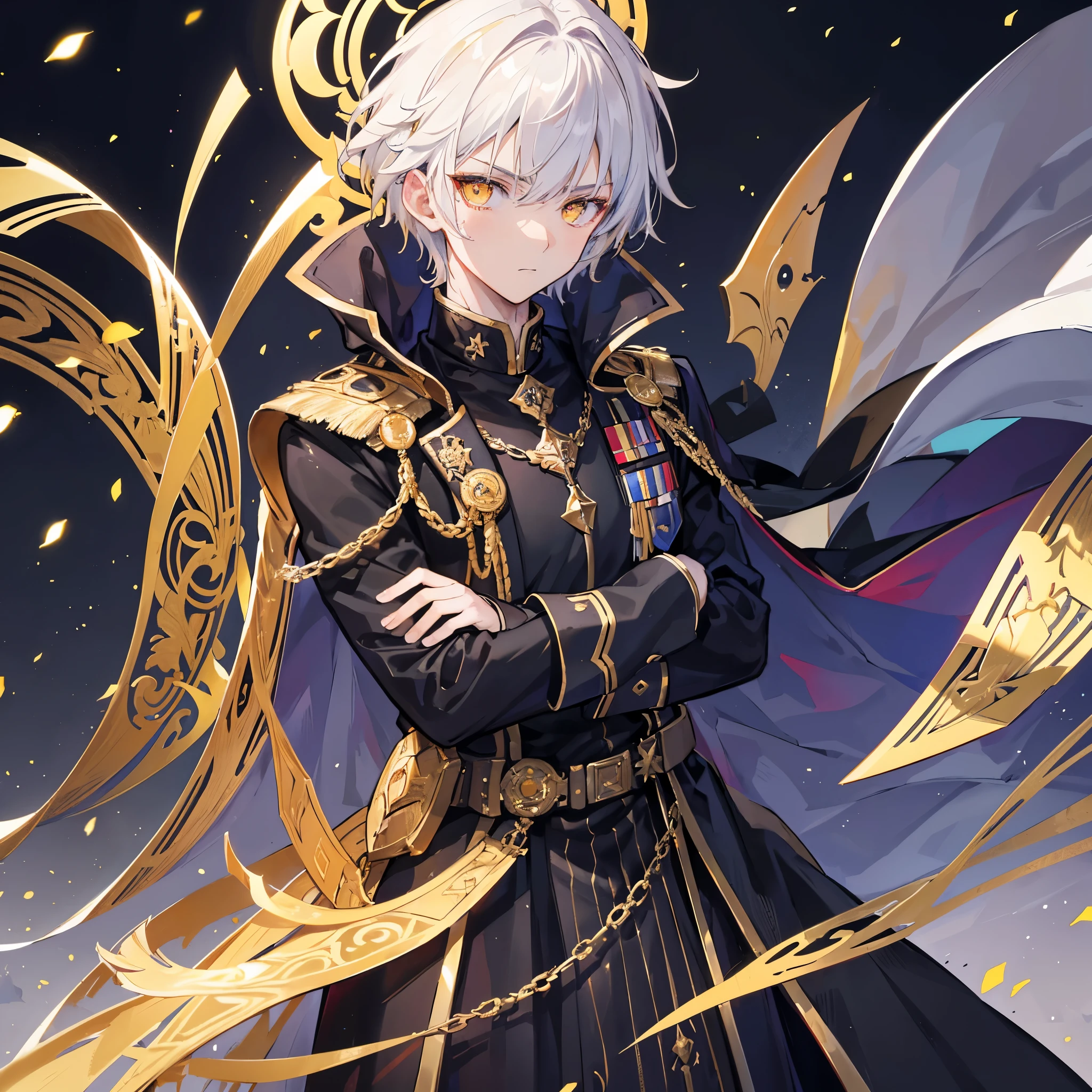 Handsome male, 17 years old, short white hair, glowing golden eyes, galahad from fate, close up, calm expression, stoic, black military clothes, black cape, golden gloves, crossed arms, upper body, looking at viewer, cowboy shot, dark castle background