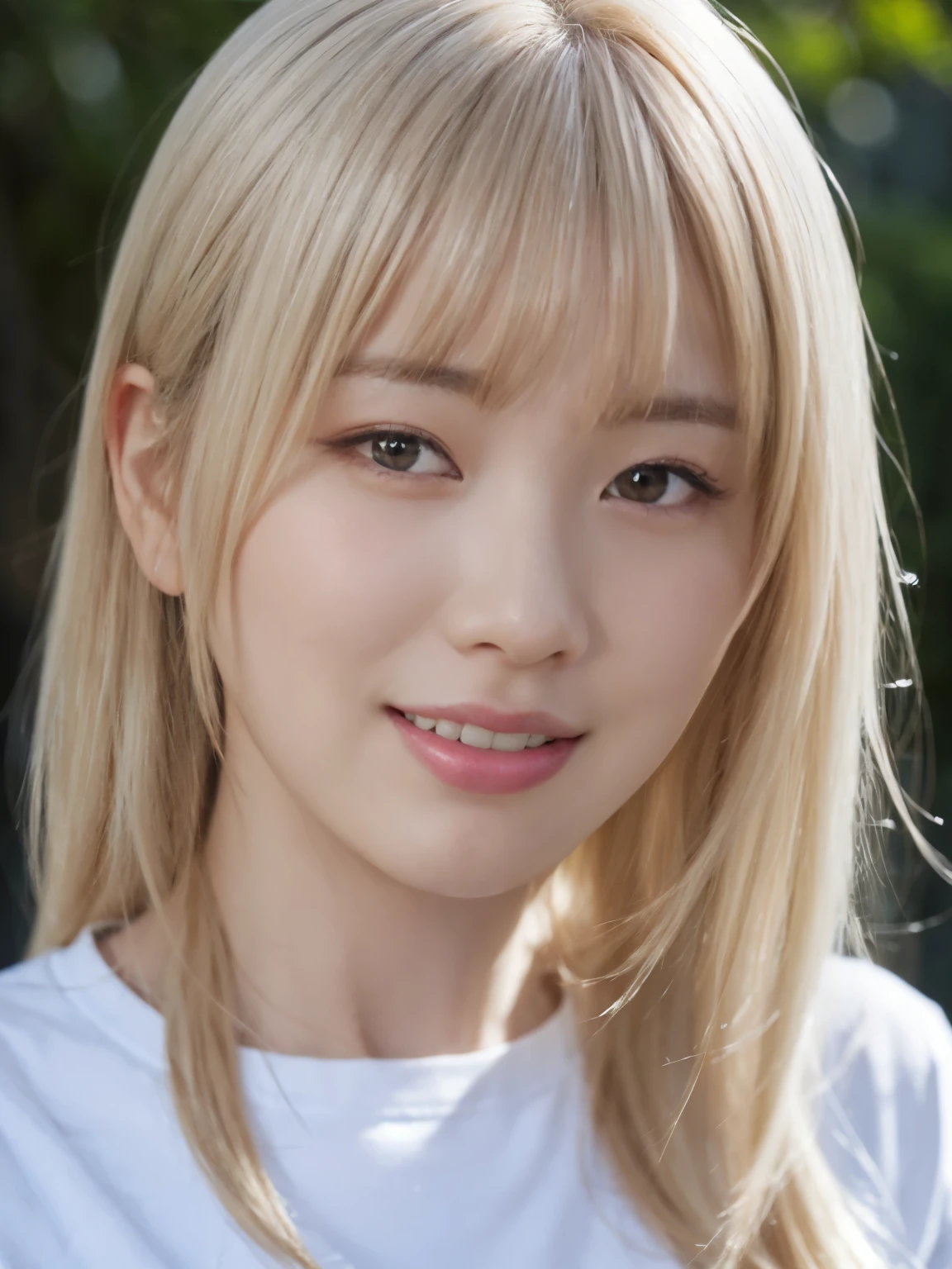 highest quality, white skin, real human skin, detailed face, oval face, bang, ultra high resolution, (8K, RAW photo, realistic:1.4), 1 girl, slim, long blonde hair, (looking at viewer with a serene and goddess-like happiness:1.2), ( lip gloss, eyelash, gloss-face, highest quality, ultra high resolution, wide range lighting, natural shading), T-shirt