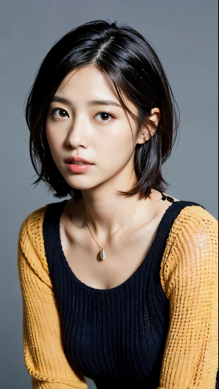 (highest quality, 8K, 32K, masterpiece, UHD: 1.2), cute japanese women pictures, very short bob hair, face focus, (extra large size_sweater,:1.1) necklace, simple background, view audience, leaning forward, whole body