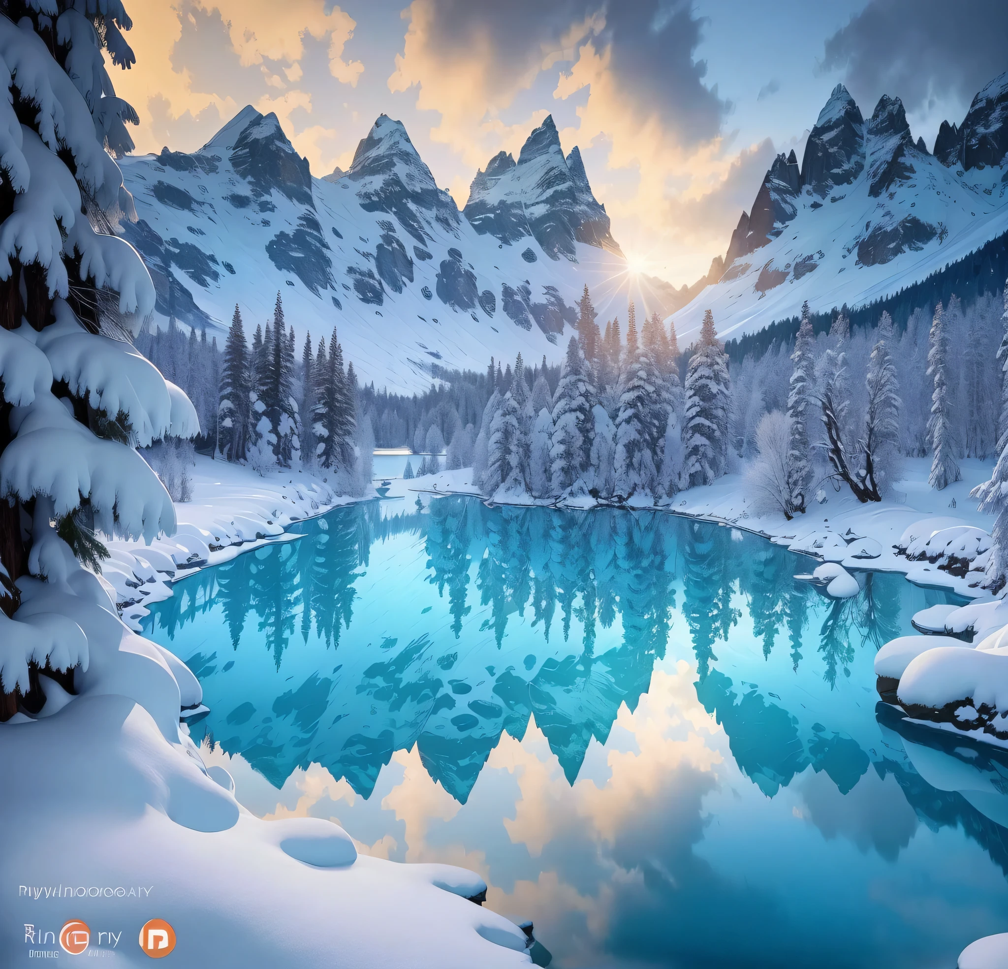 a view of a lake surrounded by snow covered trees and mountains, beautiful snowy landscape, winter lake setting, icy, icy lake setting, an amazing landscape image, icy mountains, snowy mountain landscape, ryan dyar, snowy mountains, majestic nature scenery, winter setting, epic beautiful landscape, winter, majestic snowy mountains, shutterstock, warm beautiful scene, incredibly beautiful, mystical setting