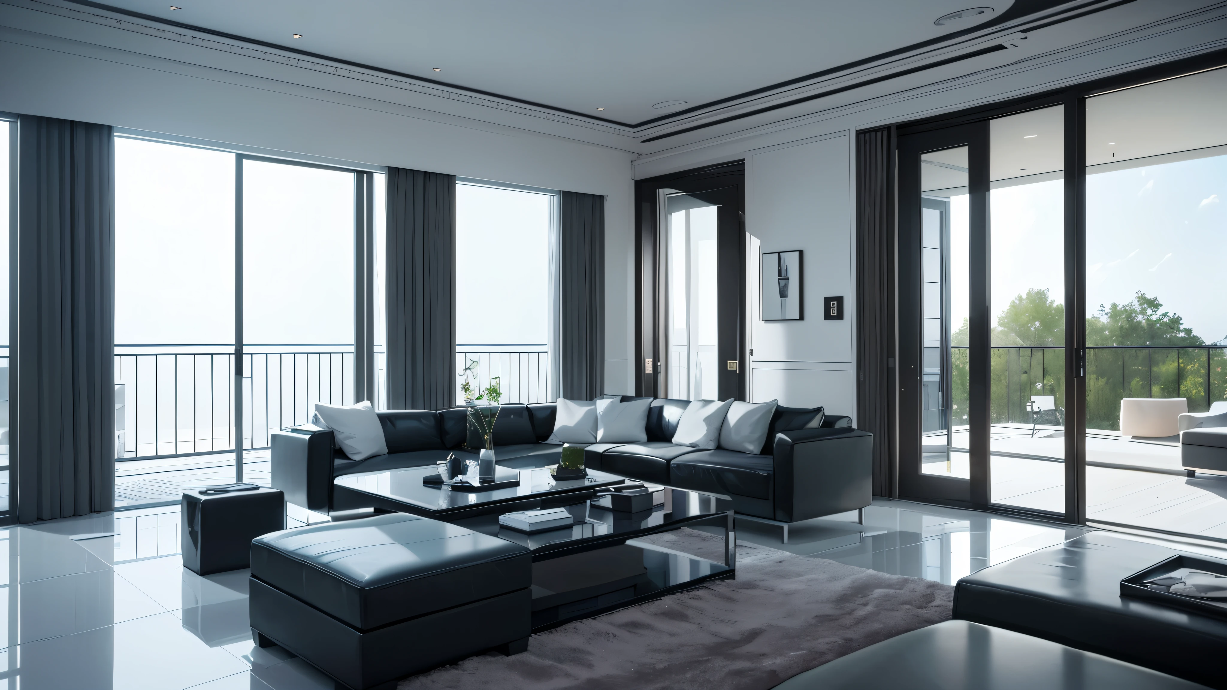 You are a famous interior designer、You have been asked to create a 3D image of a modern large room. Create a harmonious environment with modern and minimalist furniture. Including garden interior.