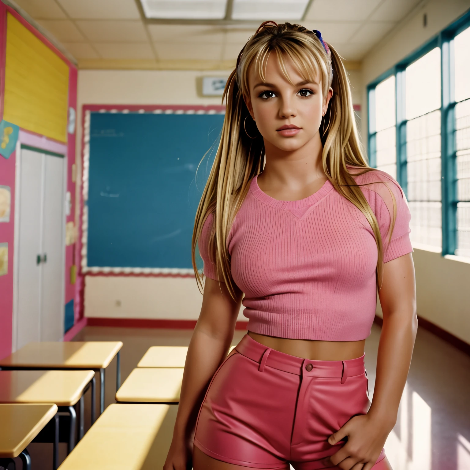 Britney Spears in the 90s, foto tomada desde el aula de una escuela, photography inspired by the 90s,