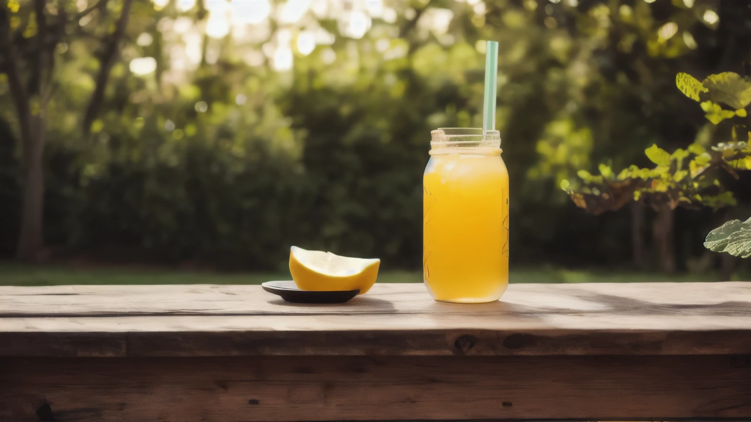 hyper ultra realistic photographs full body of A mason jar filled with homemade lemonade sits on a rustic wooden table. Slices of lemon and a sprig of mint garnish the drink, adding a touch of nature's touch. The sun filters through the leaves, casting dappled shadows on the table, creating a scene of simple summer pleasures. ratio 16:9, 4k, 8k resolution, High quality photo, high detailed, imagesharp focus, Cinematic lighting,hyperdetailed & Unreal engine, detail, realism, photography,cinematography, camera NIKON, lens NIKKOR flagship, masterpiece. hyper-maximalism, ultradetailed photorealistic, light skin imperfections, final render, vray, photo, fashion