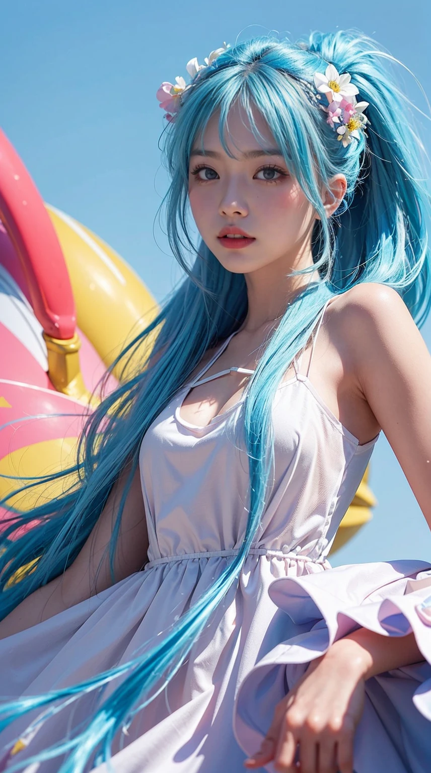 (masterpiece), (best quality), (ultra detailed),(disheveled hair),(illustration), (1girl), (Fashionable clothing), standing, Fashion model, looking at viewer, (interview), (simple background),beautiful detailed eyes, delicate beautiful face, Floating,(high saturation),(colorful splashes),colorful bubble,(shining), focus on face, ponytail, kamisato ayaka, light blue hair, bangs, hair ring, floating flowers, floating hairs, (shining), best lighting, best shadow,