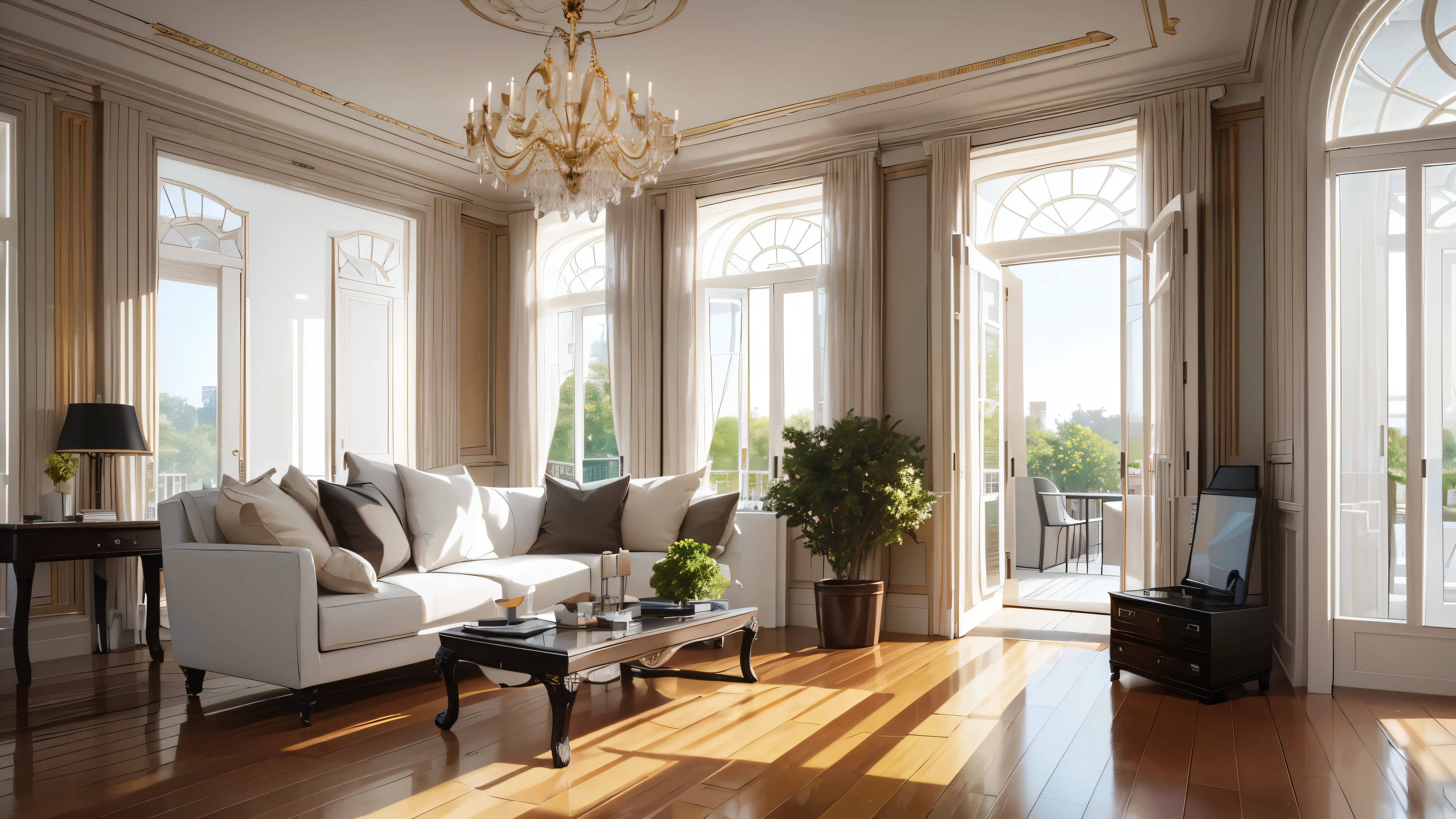 You are a famous interior designer、You have been asked to create a 3D image of a modern large room. Create a harmonious environment with modern and minimalist furniture. Including garden interior.