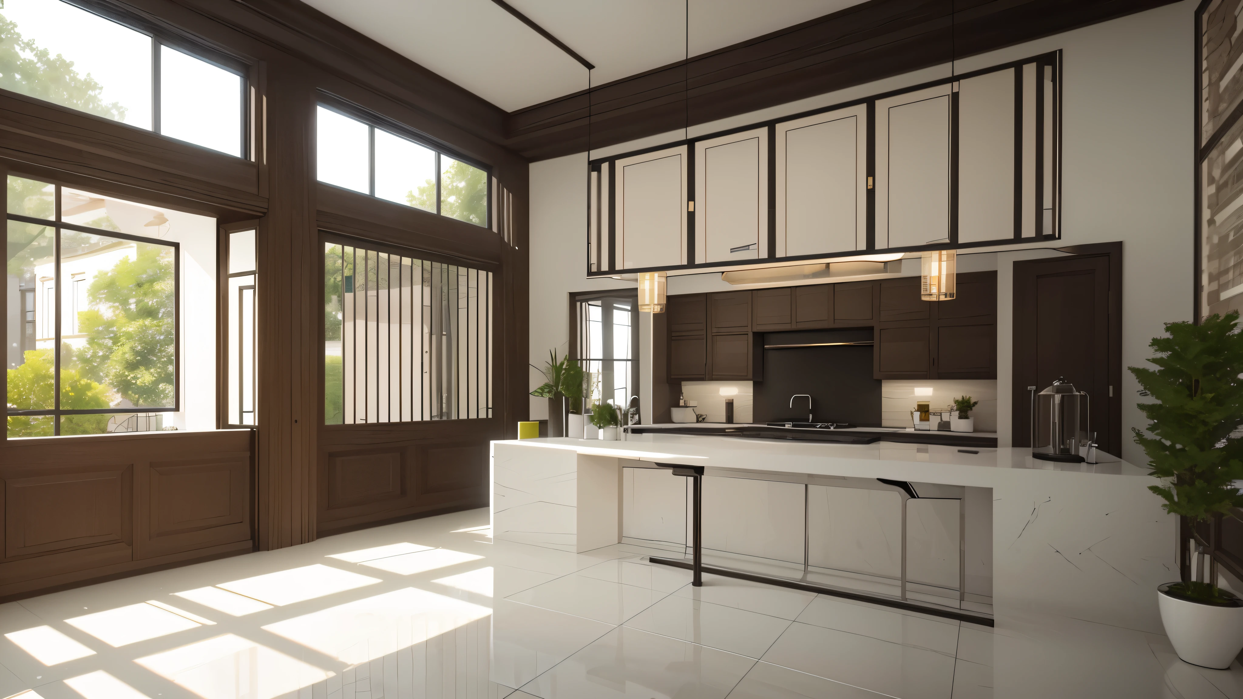 You are a famous interior designer、You have been asked to create a 3D image of a modern large room. Create a harmonious environment with modern and minimalist furniture. Including garden interior.