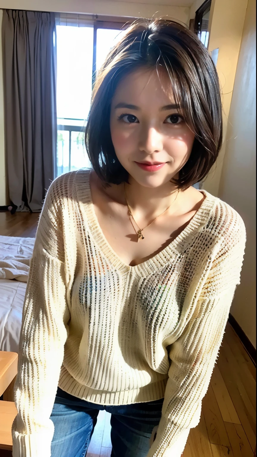(highest quality, 8K, 32K, masterpiece, UHD: 1.2), cute japanese women pictures, very short bob hair, face focus, (extra large size_sweater,:1.1) necklace, simple background, bright room、view audience, leaning forward, whole body