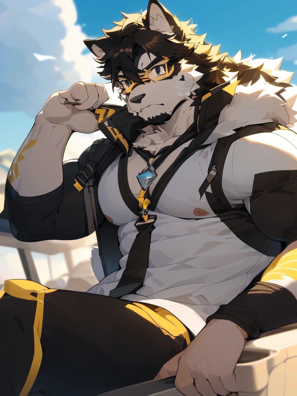 (1boy), solo, male anthro, kemono, white and black fur, ((yellow fur accents)), (white torso), muscle, hunk, sexy, handsome boy, detailed eyes, white eyebrow, black boxer, (masterpiece, soft skin, warm air, wolf ears, black eyes, ray tracing, 4k, anatomically correct, highres, looking at camera.