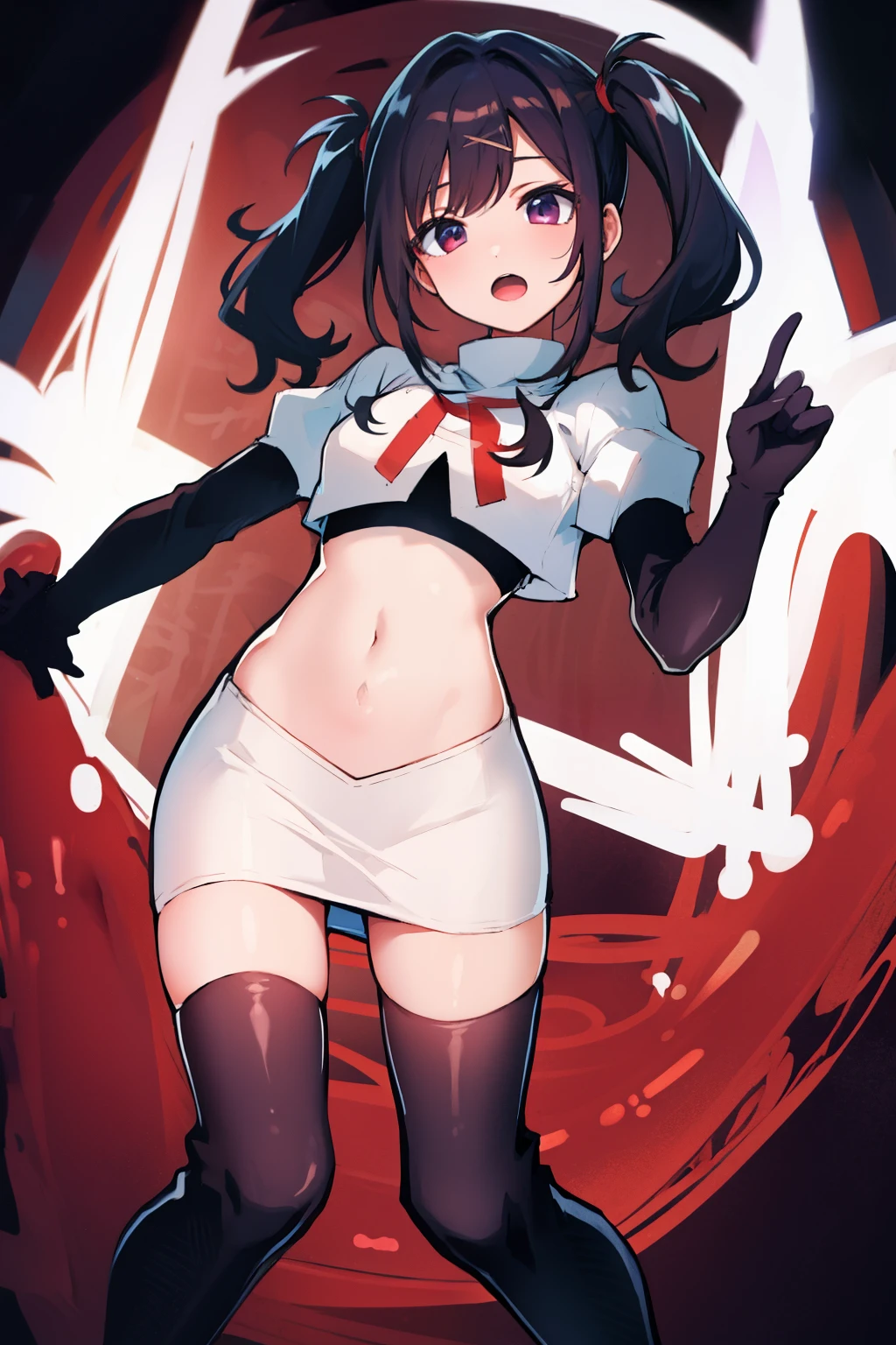 best quality, masterpiece, ame-chan, simple background, looking at viewer, team rocket,team rocket uniform,white skirt,red letter R,crop top,black thigh-highs,black elbow gloves