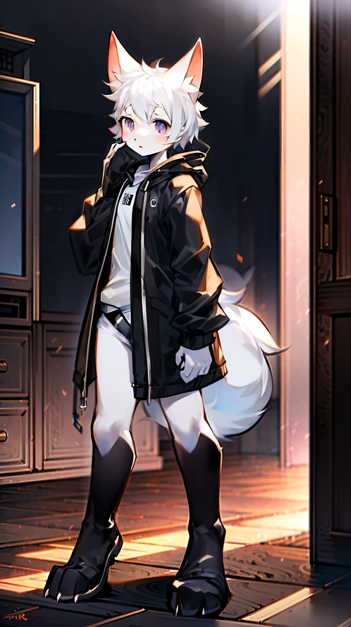 A white wolf anthro, a boy, a skilled assassin, furry character known as "furry." He has white triangular ears that are slightly short, giving him a stylish and handsome appearance. His white hair exhibits distinct shadows, while his eyes are gray in color. He possesses a triangular nose and a slightly elongated mouth. White fur covers his face, providing a soft and fluffy sensation. The facial features are accurately depicted, with a cold and calm expression, exuding an aura of iciness.
He has a slim physique without prominent muscles, characterized by smooth body contours, slender arms, and legs. The anatomical proportions are correct, including his four-toed paws, which are small in size and have white fur with black nails. The fur has a plush texture, enveloping his entire body. He is dressed in a black windbreaker, and the fur strands are finely rendered, each one meticulously discernible.
Set against a black backdrop, this artwork embodies a dark and edgy aesthetic. It is a masterpiece that showcases intricate details, impeccable shading, high-quality visuals, and a 4K resolution. The lines are soft, and the artwork represents the pinnacle of the artist's skill, a true masterpiece.