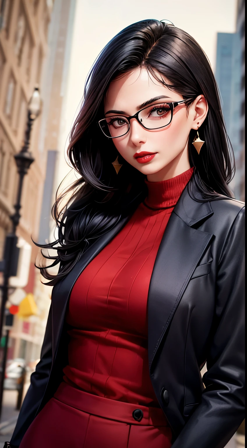 Woman, 30 years, adult, black hair, sexy lawyer, lawyer clothes, glasses, red lips, nigth, soft ligth, face detail, close-up, fingers --style realistic-imagine -